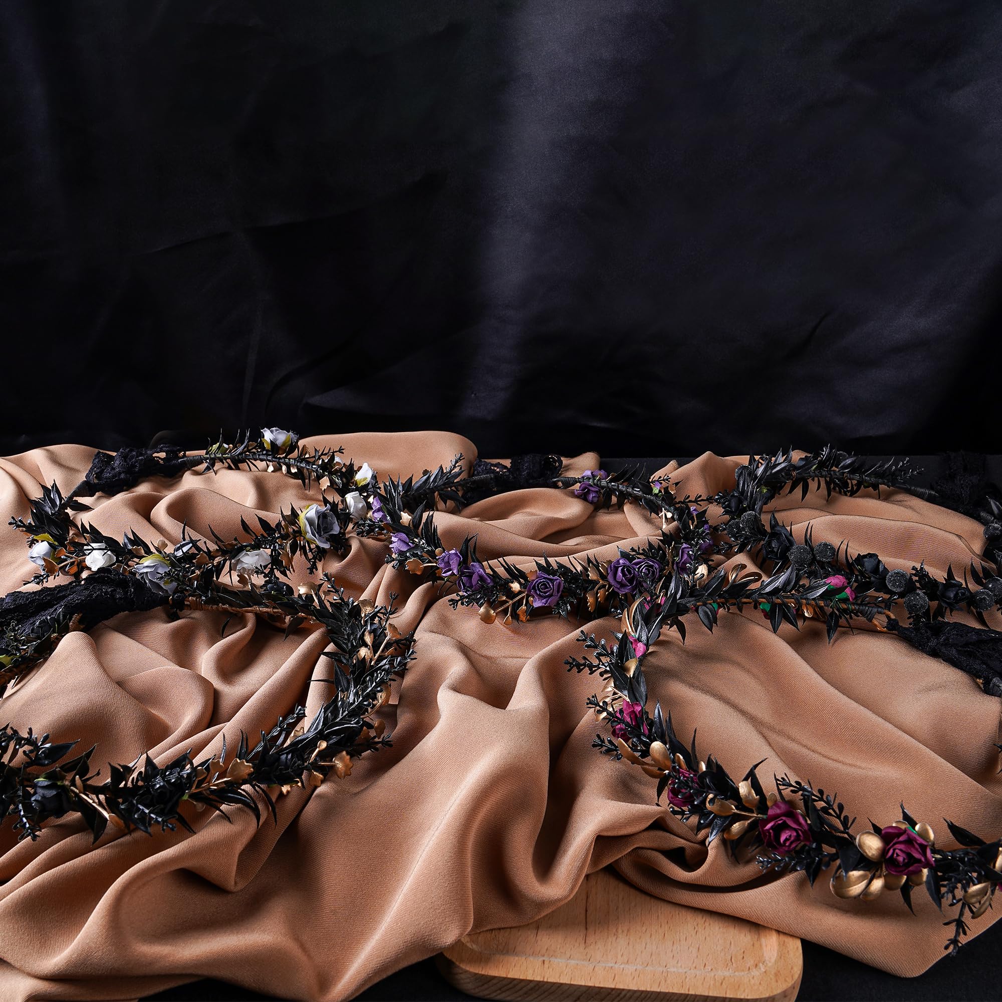 MOSTORY Black Elf Flower Headpiece - Dark Fairy Floral Crown Headband, Gothic Flower Circlet for Renaissance Festival, Halloween Costume, Medieval Cosplay, Fantasy Photo Shoot, Boho Wedding Accessory