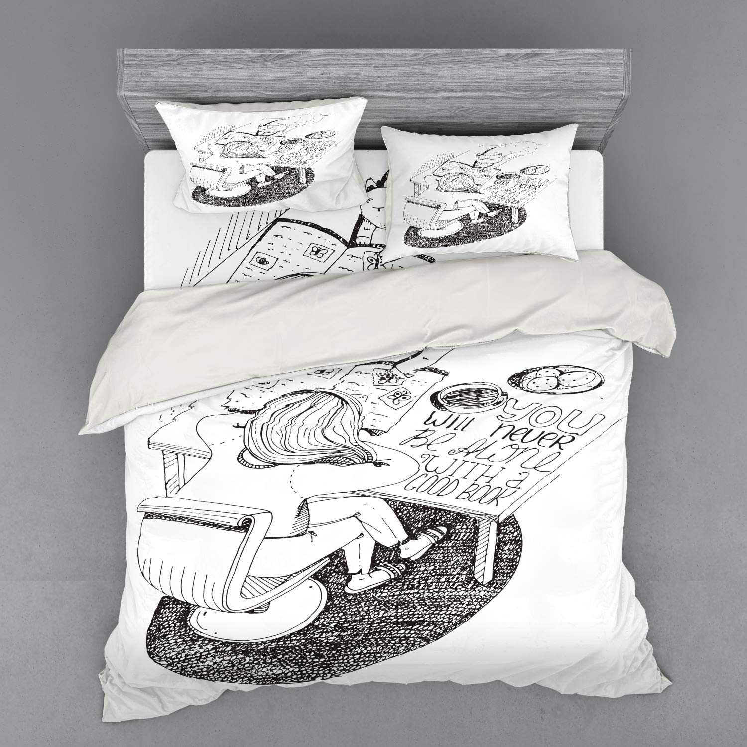 Ambesonne 4-Piece King Size Duvet Cover Set - Hand Drawn Cartoon Style Girl and Cat Reading Book Design with Inspirational Words, Includes Shams & Fitted Sheet (Black & White) | Perfect for Kids' Bedrooms, Reading Nooks & Book Lover Gifts