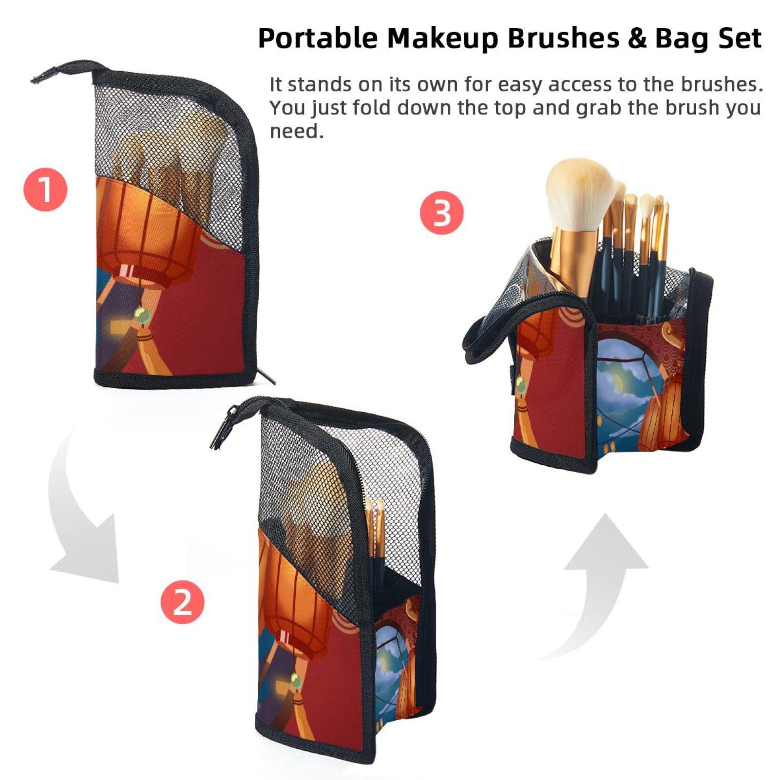 12-Piece Makeup Brush Organizer Bag Set with Traditional Lantern Design - Portable Cosmetic Brush Holder Case for Travel, Home Vanity & Professional Makeup Artists