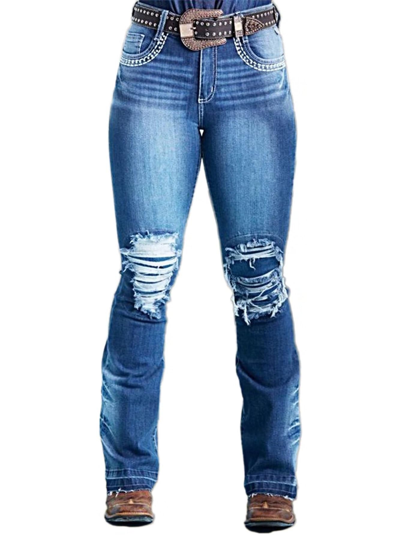 Flamingals Women's Ripped Bootcut Jeans - High Waist Tummy Control Stretch Denim Pants for Trendy Cowgirl Style | Perfect for Casual Wear, Night Out & Western Fashion