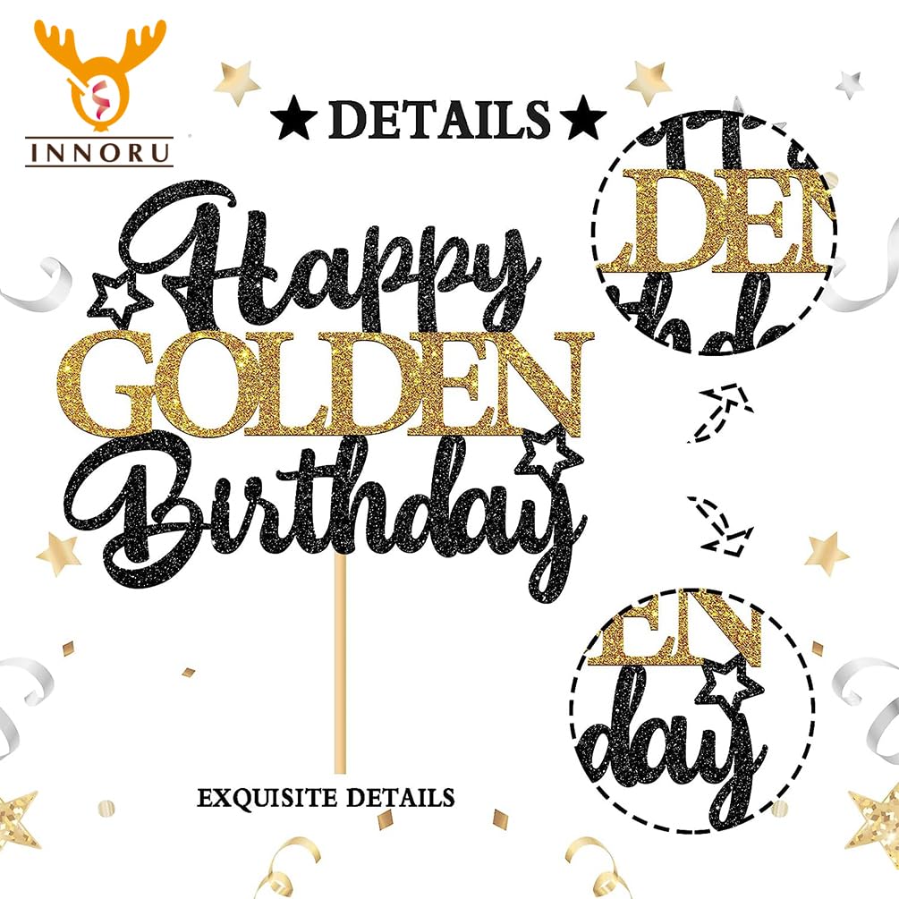 Happy Golden Birthday Cake Topper - Black Gold Glitter Party Decor for Kids & Adults - Cake Decoration Supplies & Photo Props - Perfect for Birthday Parties, Anniversaries, and Celebrations