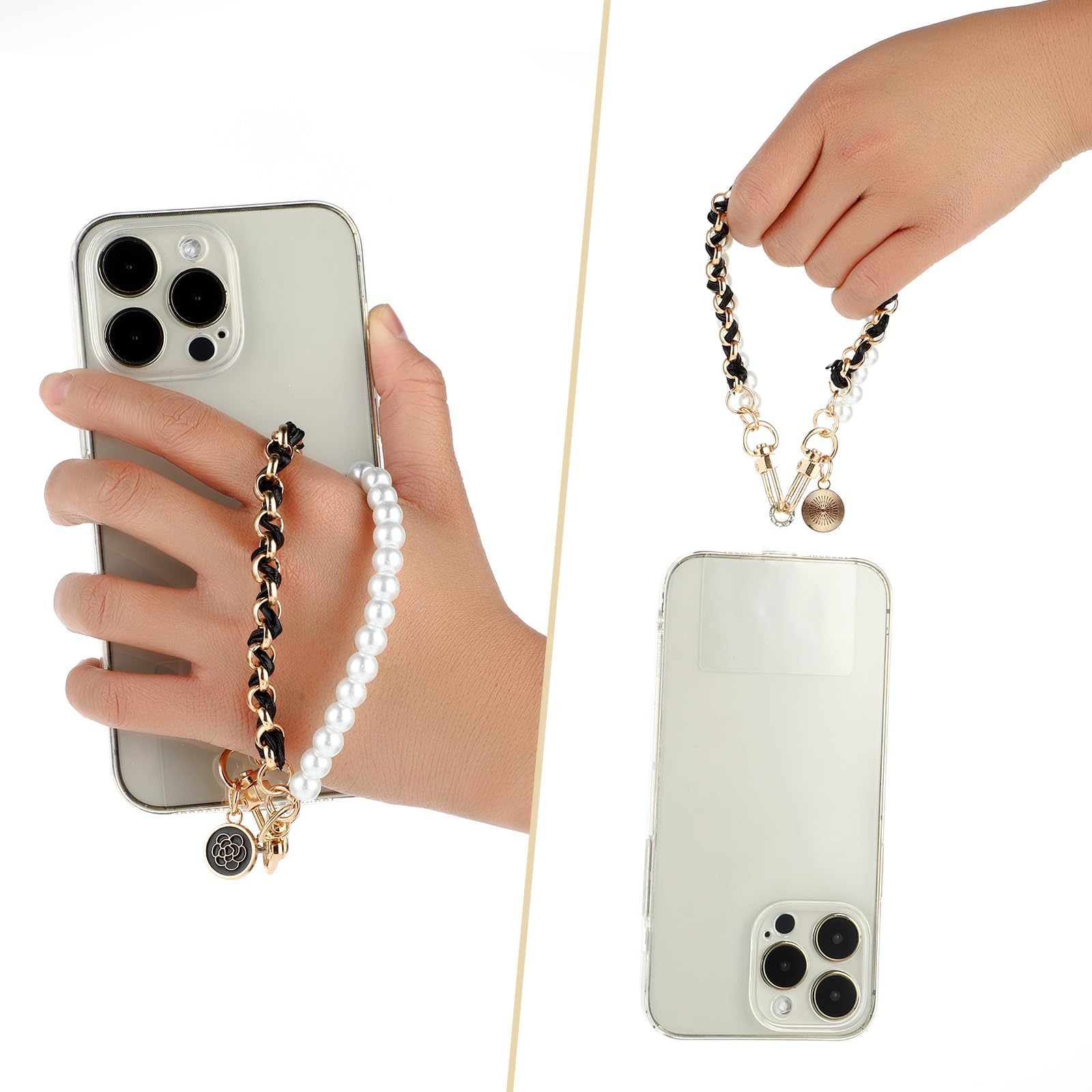 Giantree Universal Phone Lanyard with 2Pcs Back Patch - Adjustable Wrist Strap & Pearl Chain Charm for iPhone, Samsung & Most Smartphones (Rose Gold) - Perfect for Work, Travel & Hands-Free Convenience