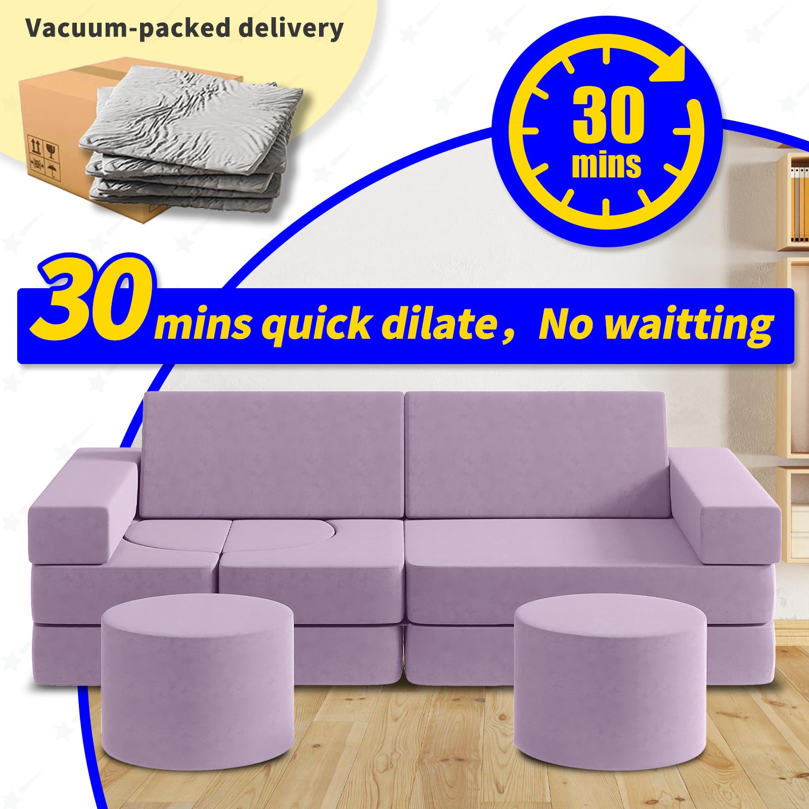 13-Piece Modular Kids Play Couch with 2 Ottomans - Foldable Playroom & Bedroom Sofa for Boys & Girls - Blueberry (Large) - Perfect for Indoor Play, Reading Nook & Sleepovers