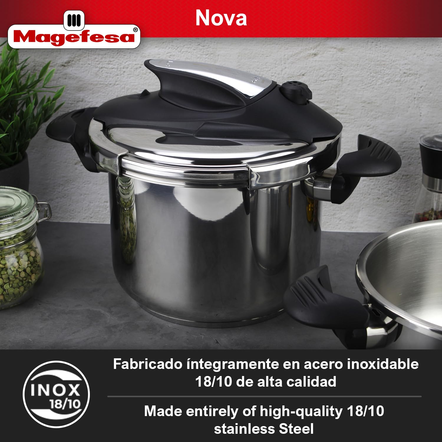 Magefesa Nova 6.3 Quart Stainless Steel Pressure Cooker - Fast Cooking, Easy Locking, Induction Compatible, 5 Safety Systems (11.6 PSI) - Perfect for Soups, Stews & Family Meals