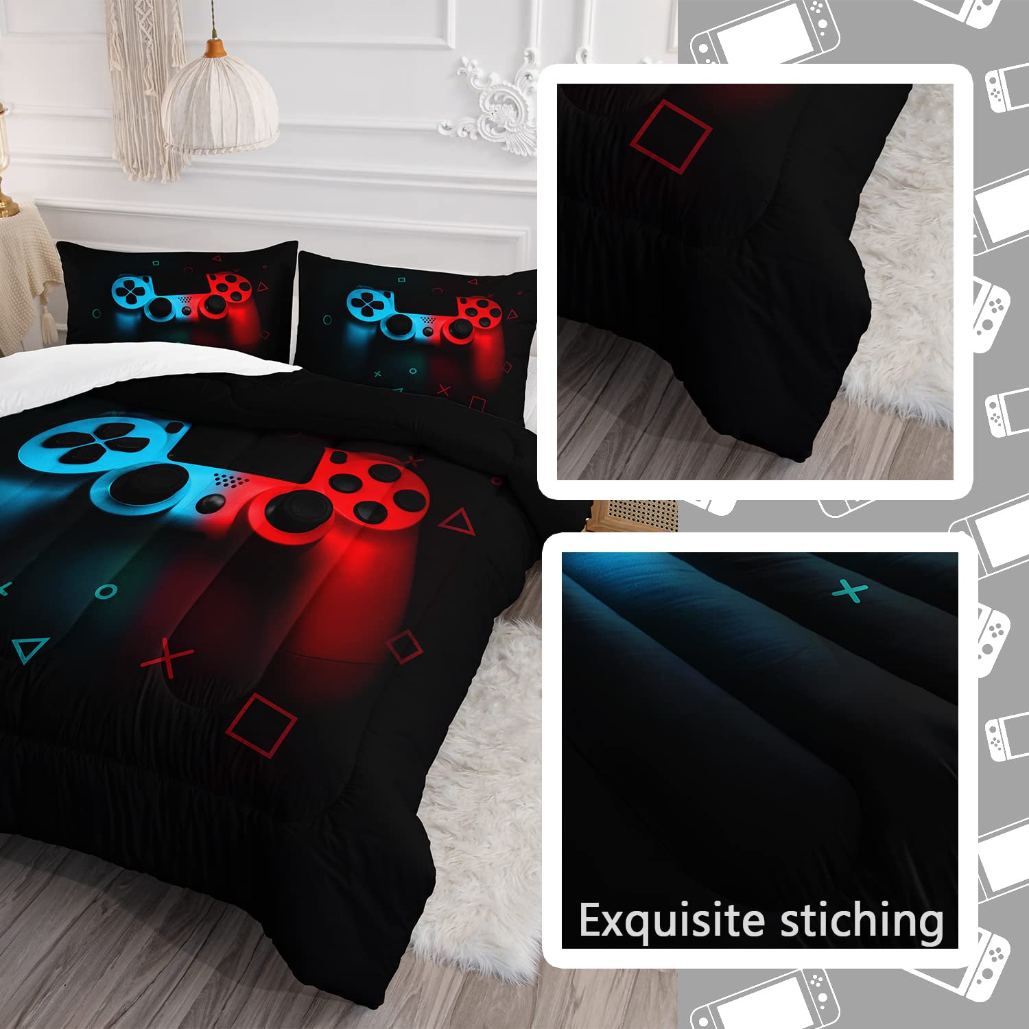 HOSIMA Gaming Twin Comforter Set for Boys & Teens - Controller Pattern Design with 2 Pillow Shams - Perfect for Gamer Room Decor & Video Game Themed Bedroom