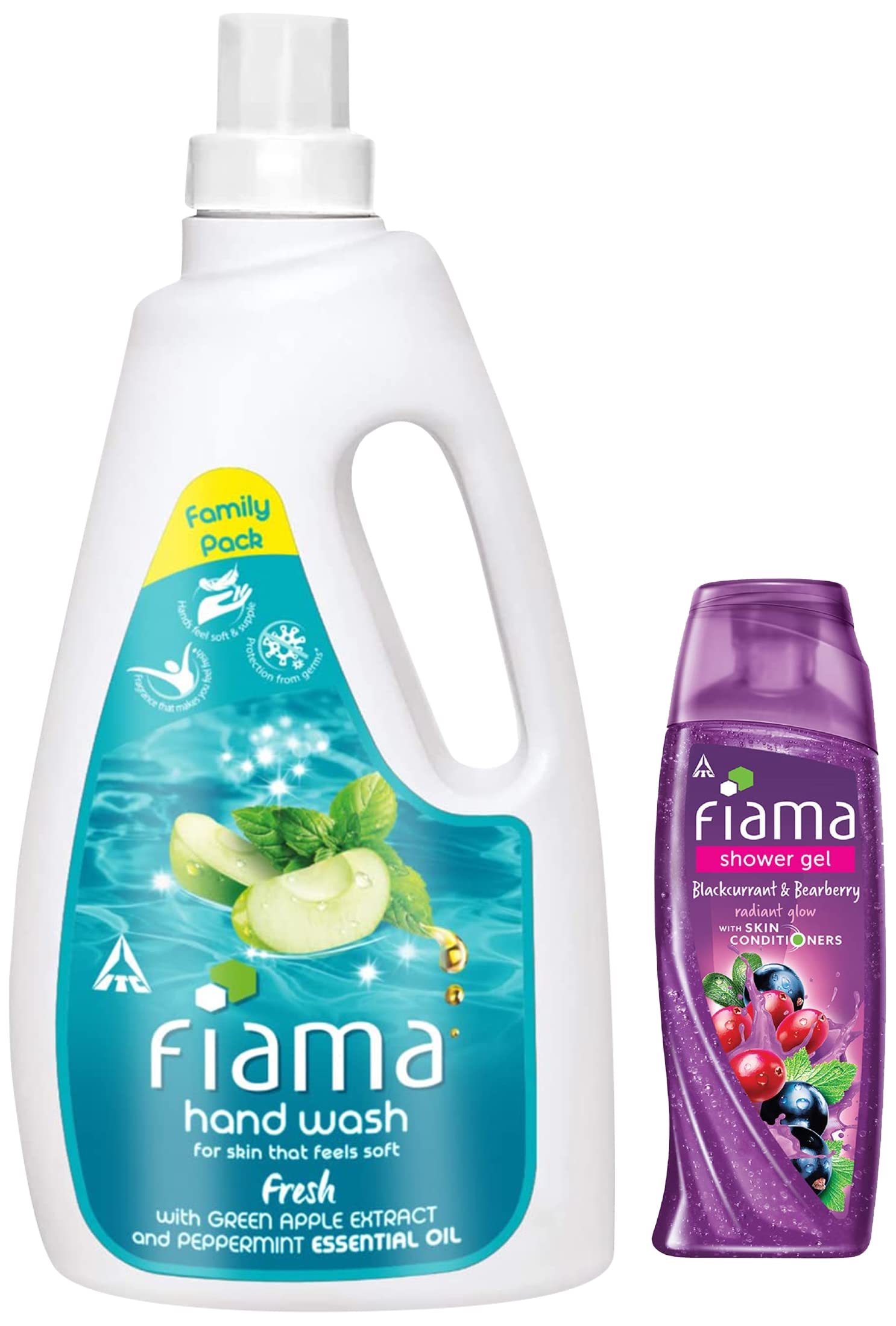 Fiama Fresh Moisturizing Hand Wash - Peppermint & Green Apple Scent, 1000ml Refill Pack | Fiama Shower Gel - Blackcurrant & Bearberry Body Wash with Skin Conditioners for Radiant Glow, 250ml Bottle | Hydrating Hand & Body Wash for Daily Use at Home, Office or Gym