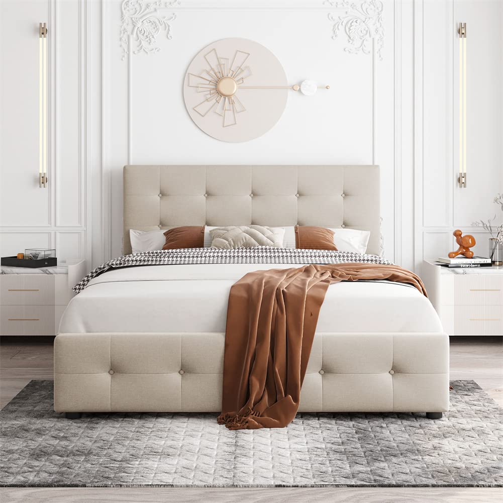Queen Size Upholstered Storage Bed Frame with 4 Drawers & Headboard - Linen Fabric Wooden Platform Bed - Modern Bedroom Furniture (Beige) - Perfect for Small Space Organization & Master Bedroom Decor
