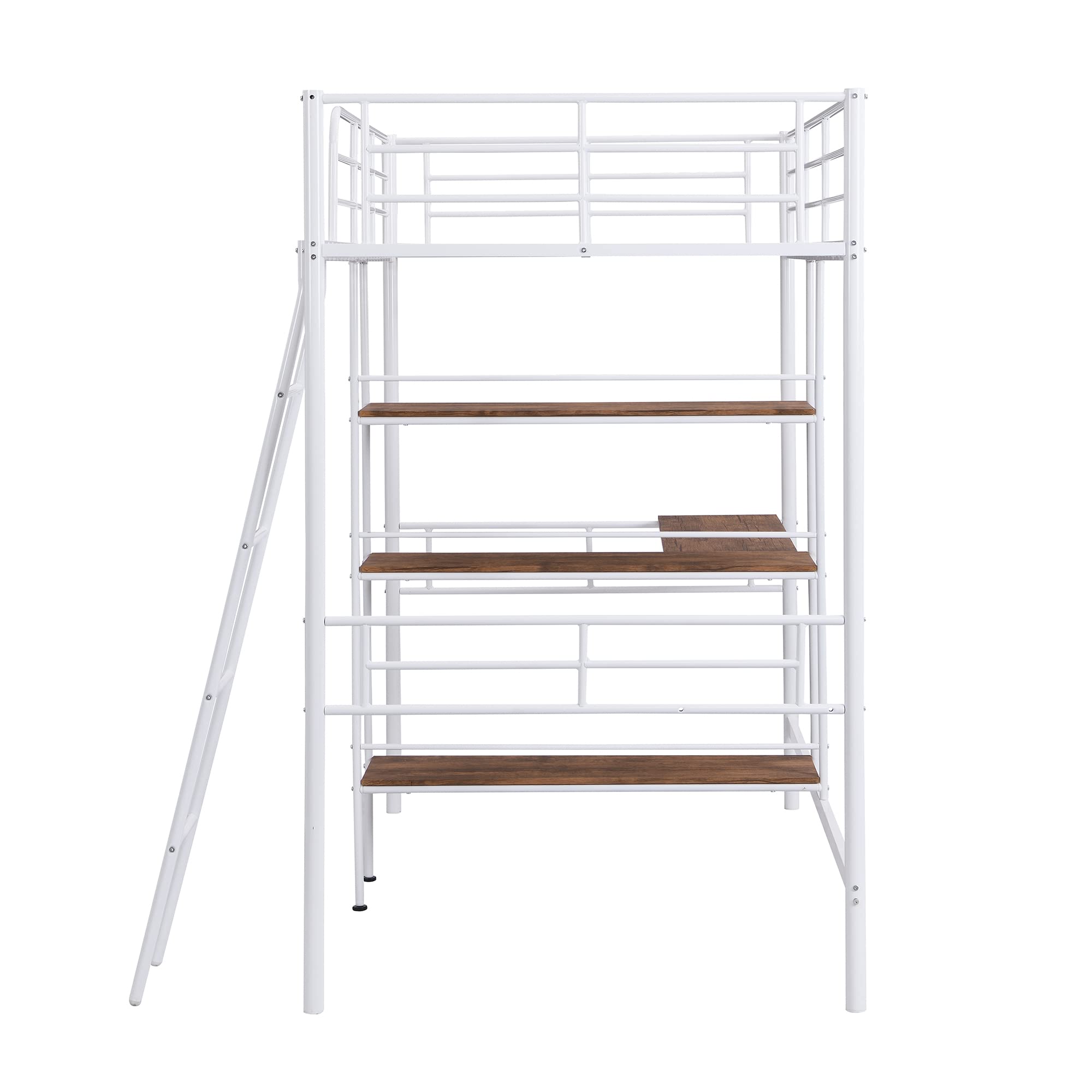 Harper & Bright Designs White Twin Size Metal Loft Bed with Built-in Desk, Shelves, Guardrail & Ladder - Space-Saving Study & Sleep Solution for Kids & Teens Bedrooms