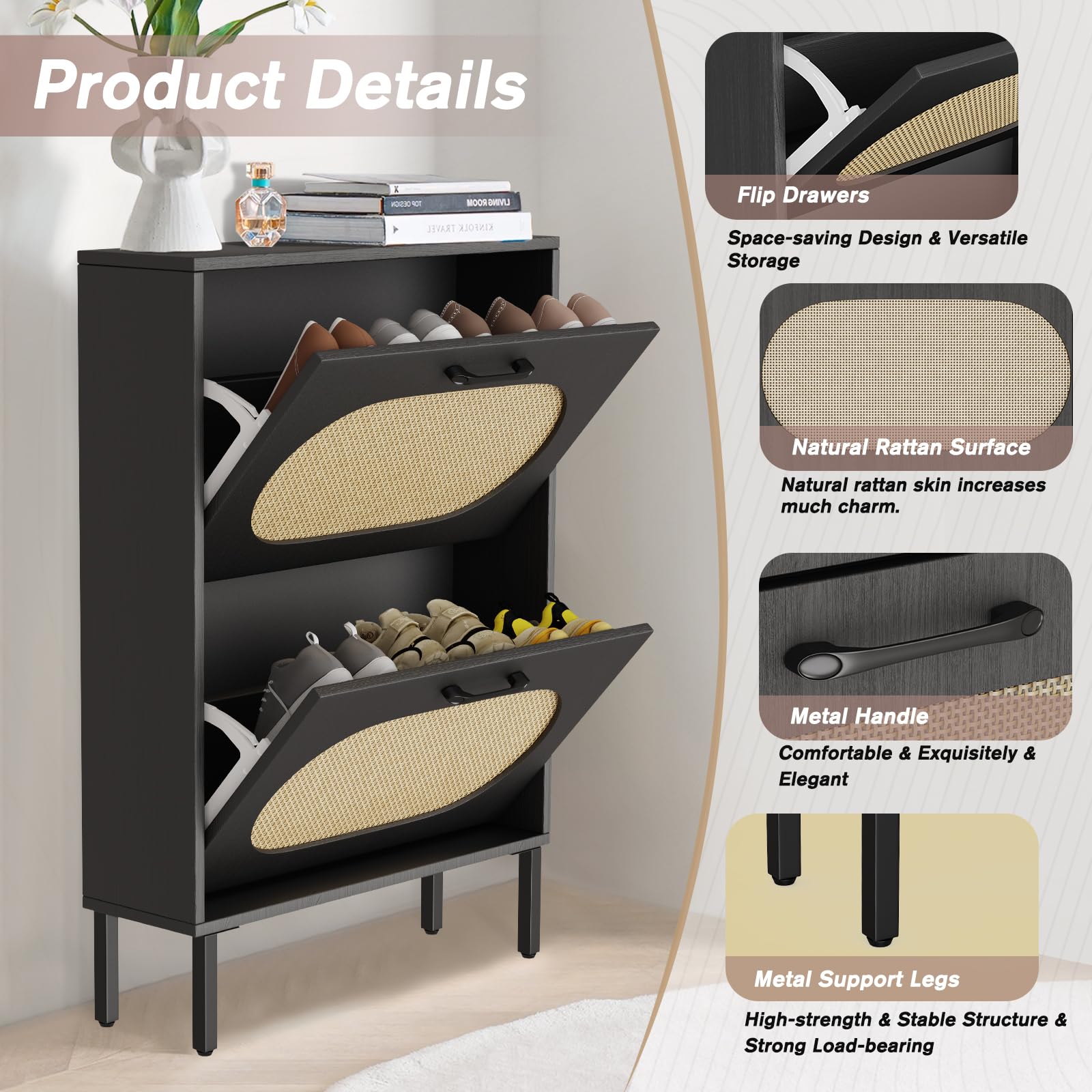 SUNCROWN Freestanding Shoe Storage Cabinet with 2 Flip Drawers - Narrow Entryway Shoe Rack Organizer with Natural Rattan Doors & Adjustable Shelves (Black) - Perfect for Small Spaces, Closet Organization & Entryway Decor