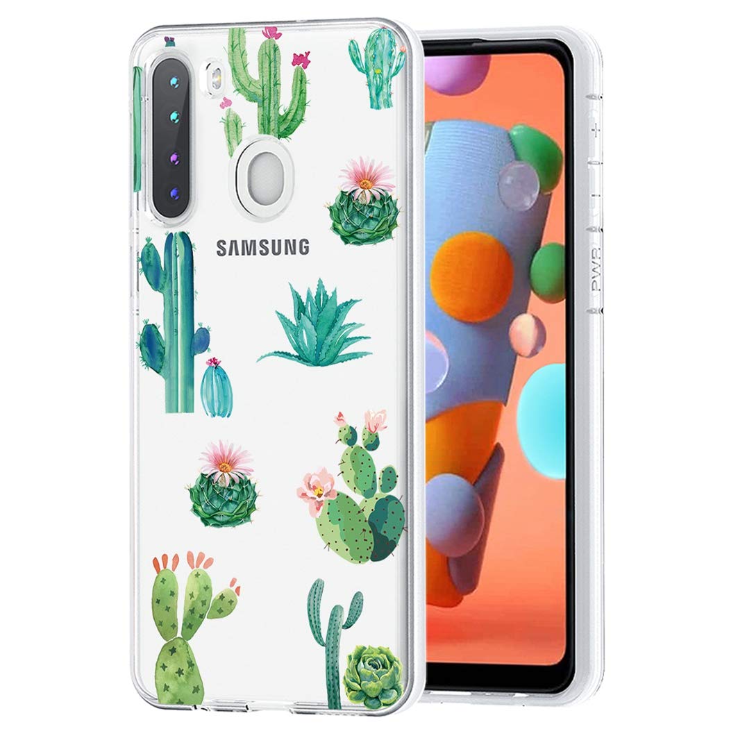 **Samsung Galaxy A21 Phone Case - Clear Soft TPU Shockproof Protective Cover for Women & Girls | Cactus Design | Perfect for Everyday Use & Travel**