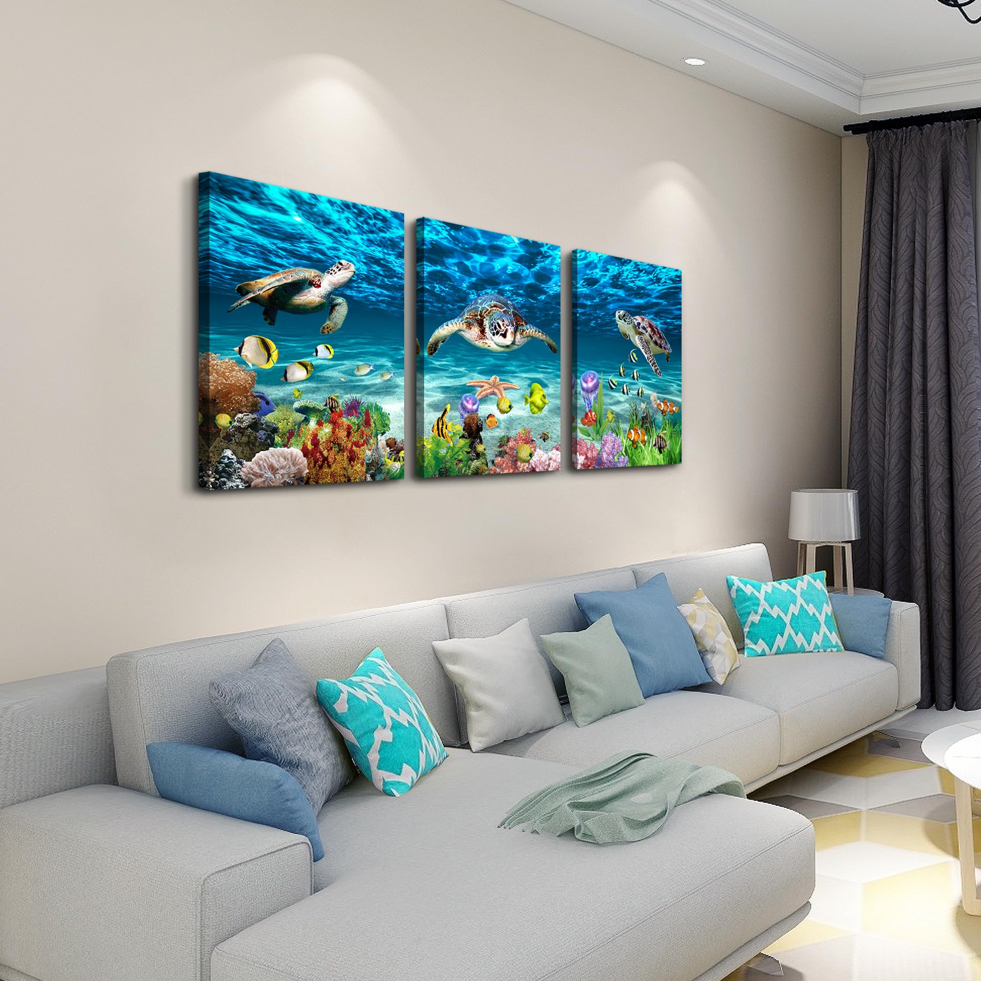 Lapremoly Canvas Wall Art - 3 Piece Ocean Sea Turtle Scenery Paintings for Bedroom, Living Room, Bathroom & Office Decor | Modern Ready-to-Hang Wall Decor for Home & Family | Perfect for Coastal, Beach House & Nature-Themed Interior Design