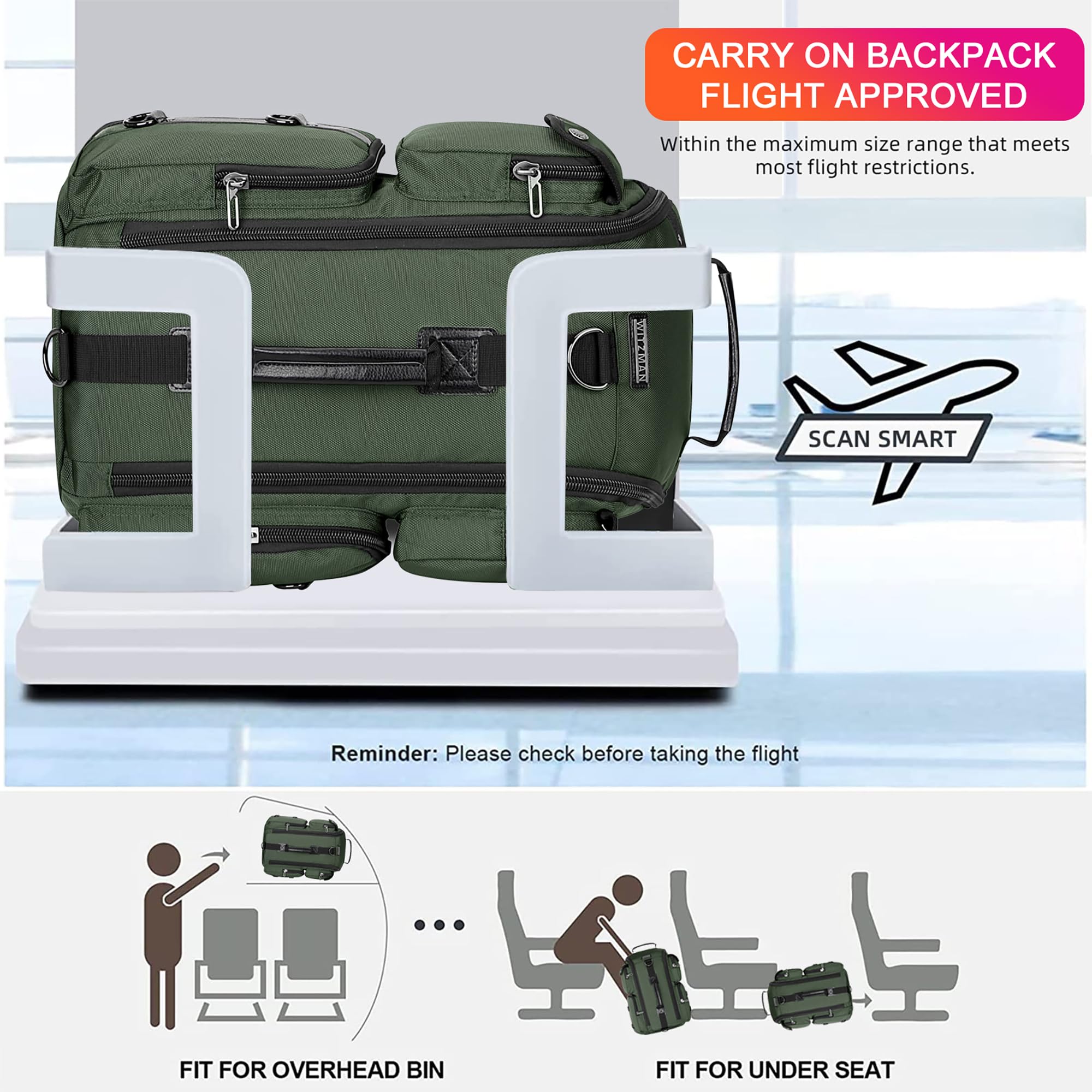 WITZMAN Large Travel Backpack for Men - 17 Inch Carry On Backpack with Laptop Compartment, Durable Duffel Bag (6695 Army Green) - Perfect for Business Trips, Hiking & Airplane Travel