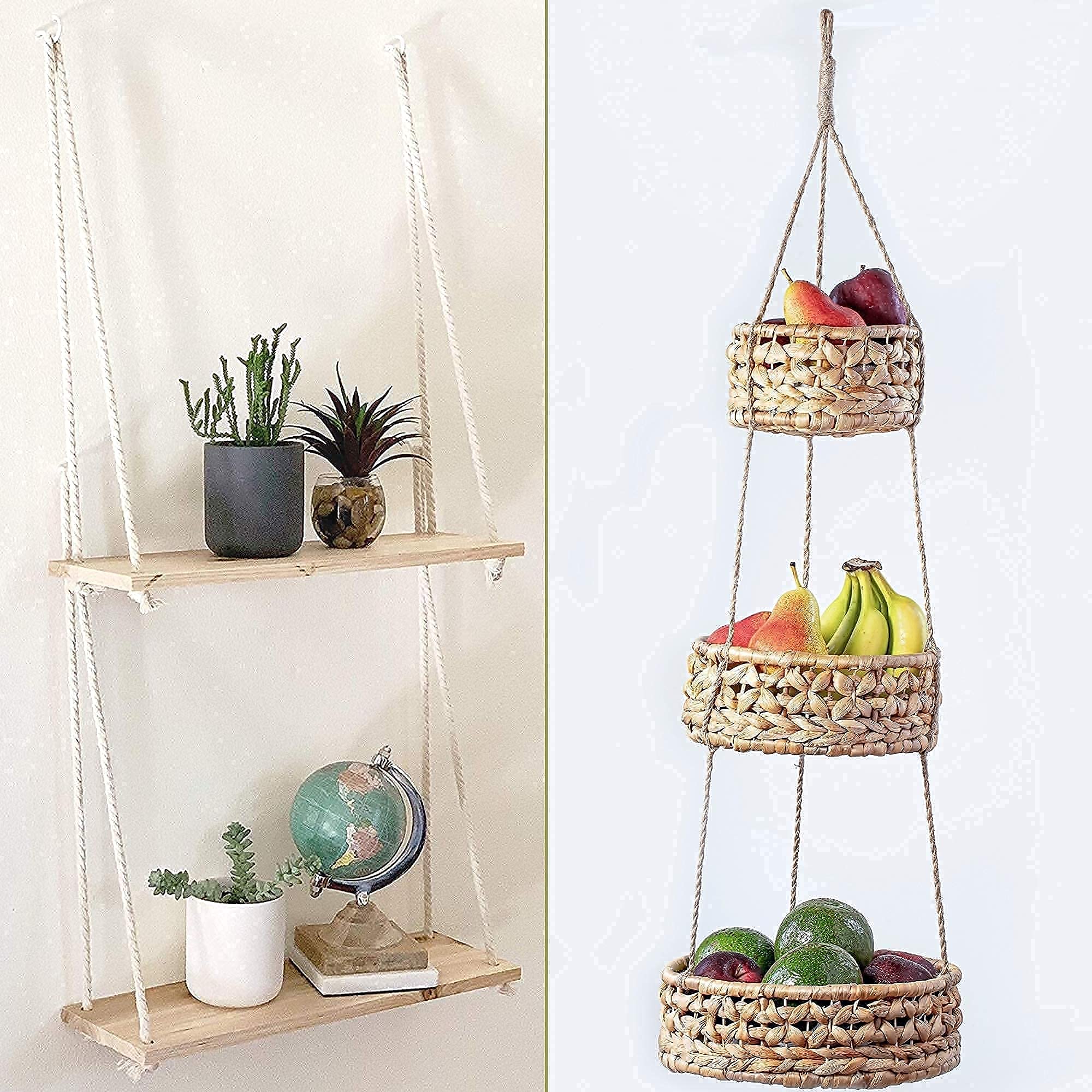 Set of 2 Wooden Hanging Wall Shelves with Hooks - 3-Tier Woven Fruit Basket for Kitchen Counter Space Saving - Boho Home Decor Storage for Bathroom, Living Room & Bedroom - Perfect for Organizing Fruits, Plants & Decorative Items in Small Spaces