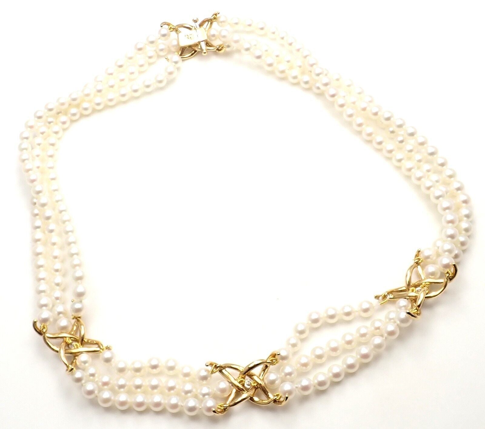 Authentic Tiffany & Co 18k Yellow Gold Diamond 3-Strand Pearl Necklace - Luxury Jewelry for Weddings, Anniversaries & Special Occasions