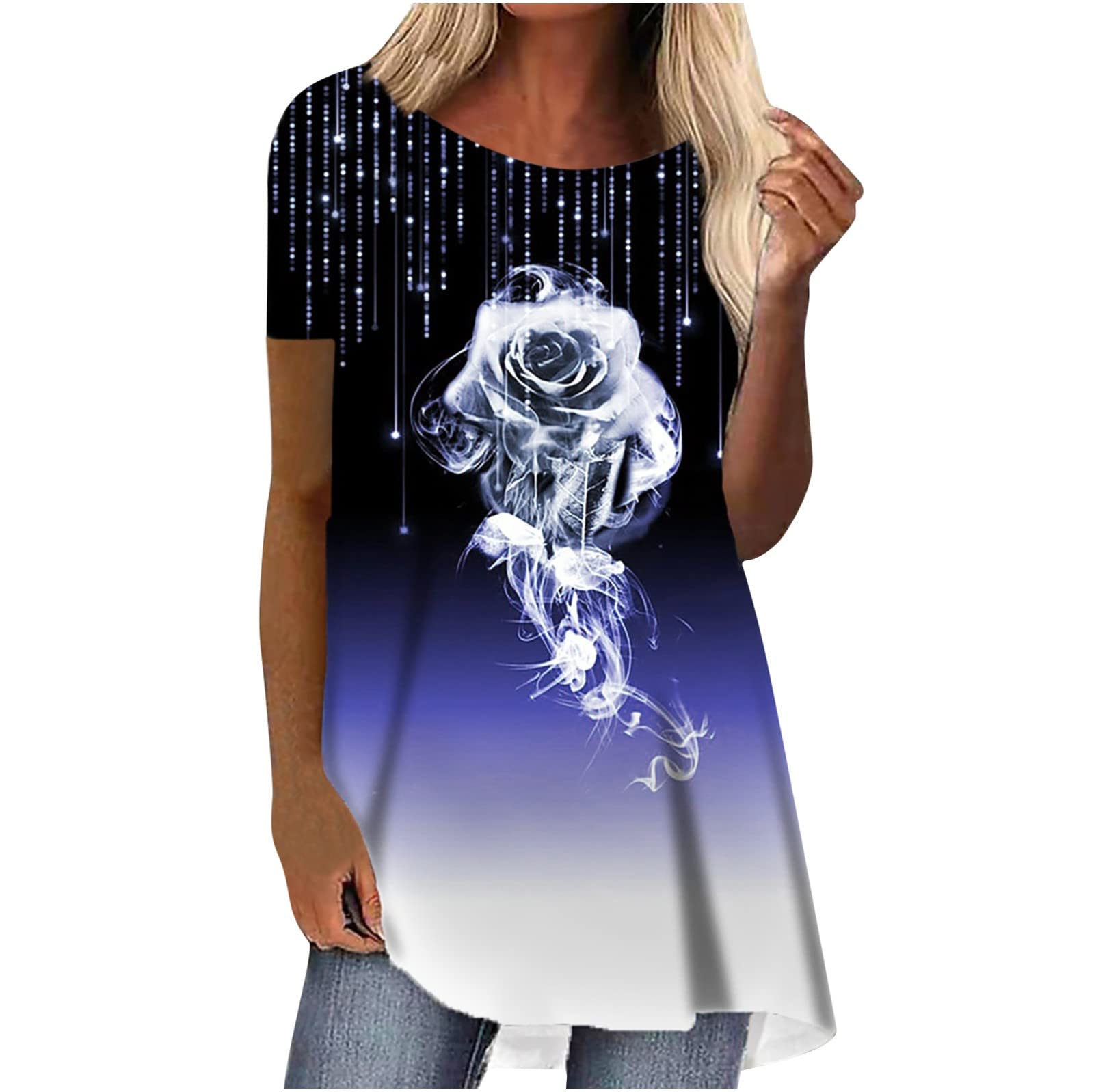 Floral Summer Tops for Women - Short Sleeve Tunic Blouse with Rose Print, Loose Fit Crewneck Tee Shirt | Perfect for Beach Outings, Casual Wear & Summer Vacations