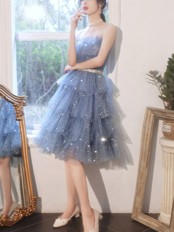 Blue Tulle Sequin Short Prom Dress - Sparkly Homecoming Party Gown for Teens, Puffy Sleeve Formal Dance Dress for Quinceanera & Sweet 16 | Perfect for Prom Night, Homecoming & Special Occasions