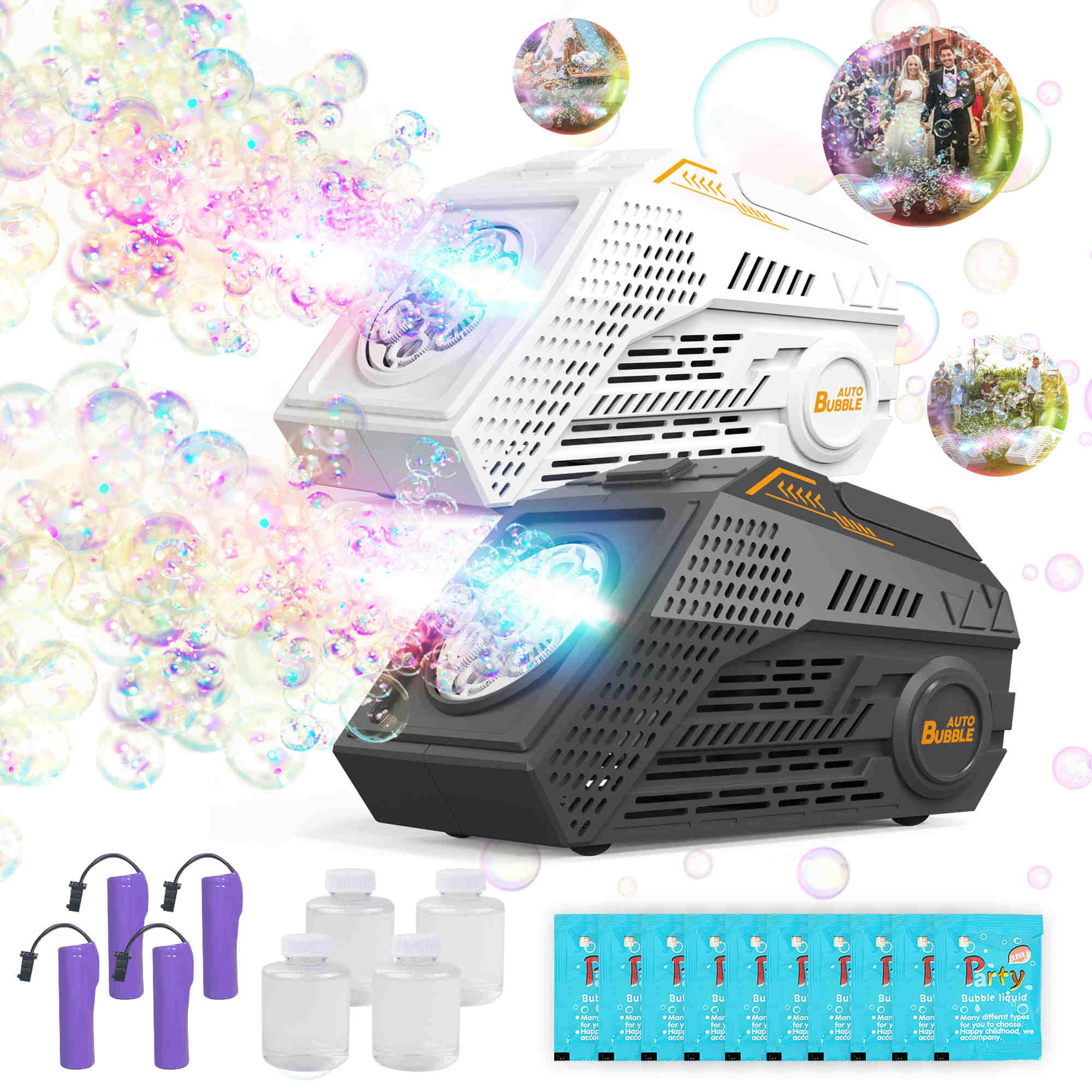 2-Pack Automatic Bubble Blower Machine with 4 Rechargeable Batteries - 20,000+ Big Bubbles Per Minute - Fun Outdoor Party Toys for Kids, Summer, Birthday & Wedding Events (Black + White) - Perfect for Backyard Play, Park Outings, and Festive Celebrations