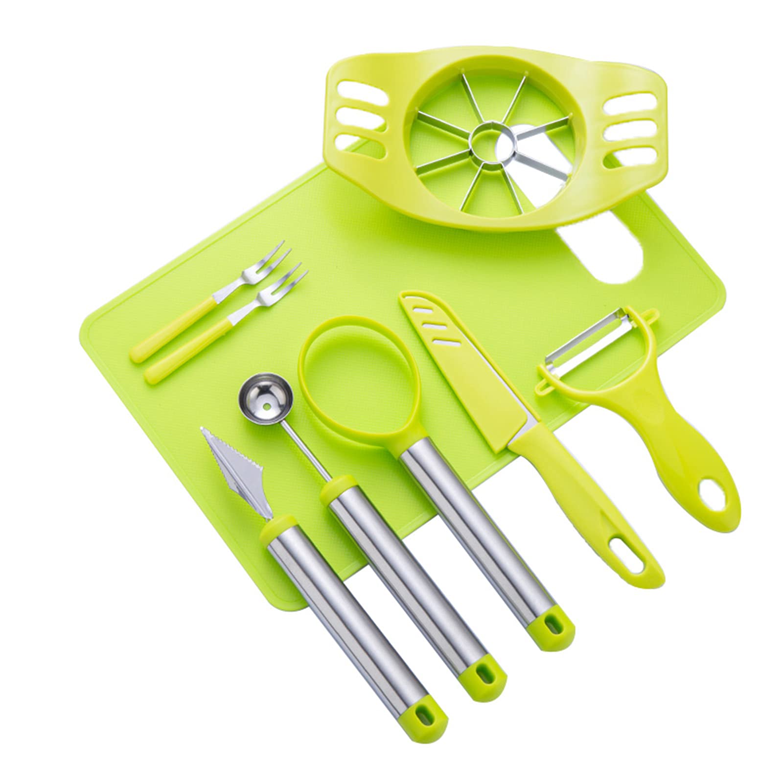 LYUSan 9-Piece Fruit and Vegetable Slicer Set - Stainless Steel Apple Corer, Melon Baller, Peeler, Carving Knife, Chopping Board & Forks - Perfect for Fruit Salad Prep, Party Platters and Kitchen Essentials (Green)