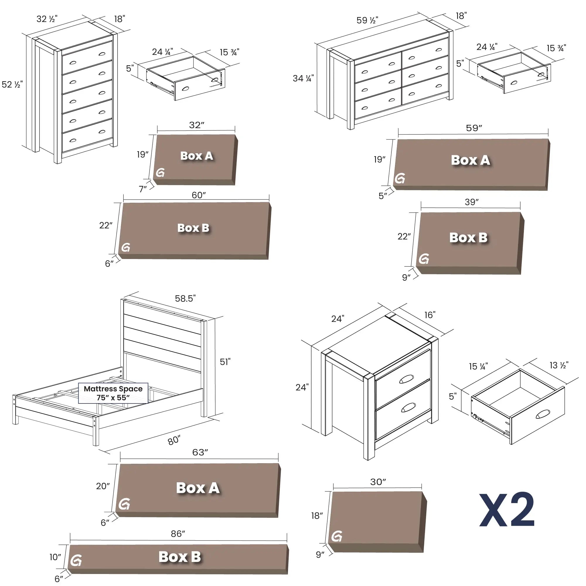 Montauk 5-Piece Bedroom Set - Queen Size Bed, Dresser, Nightstands & Mirror - Modern Farmhouse Furniture for Cozy Home Decor