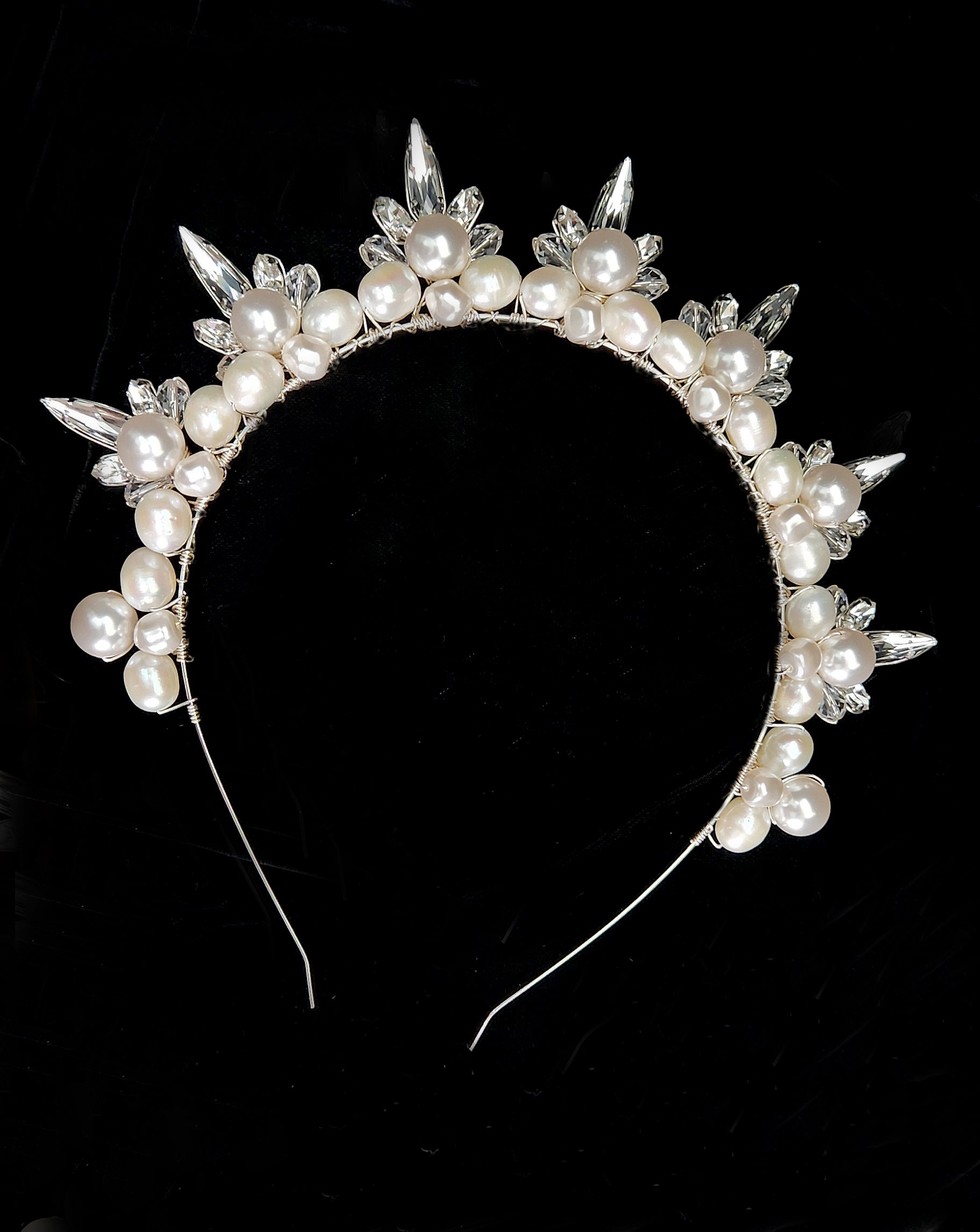 Elegant Wedding Headpiece - Clustered Pearl Crown Band with Raindrop Crystal Spikes by Kezani | Bridal Hair Accessory for Weddings, Prom & Formal Events | Buy or Rent