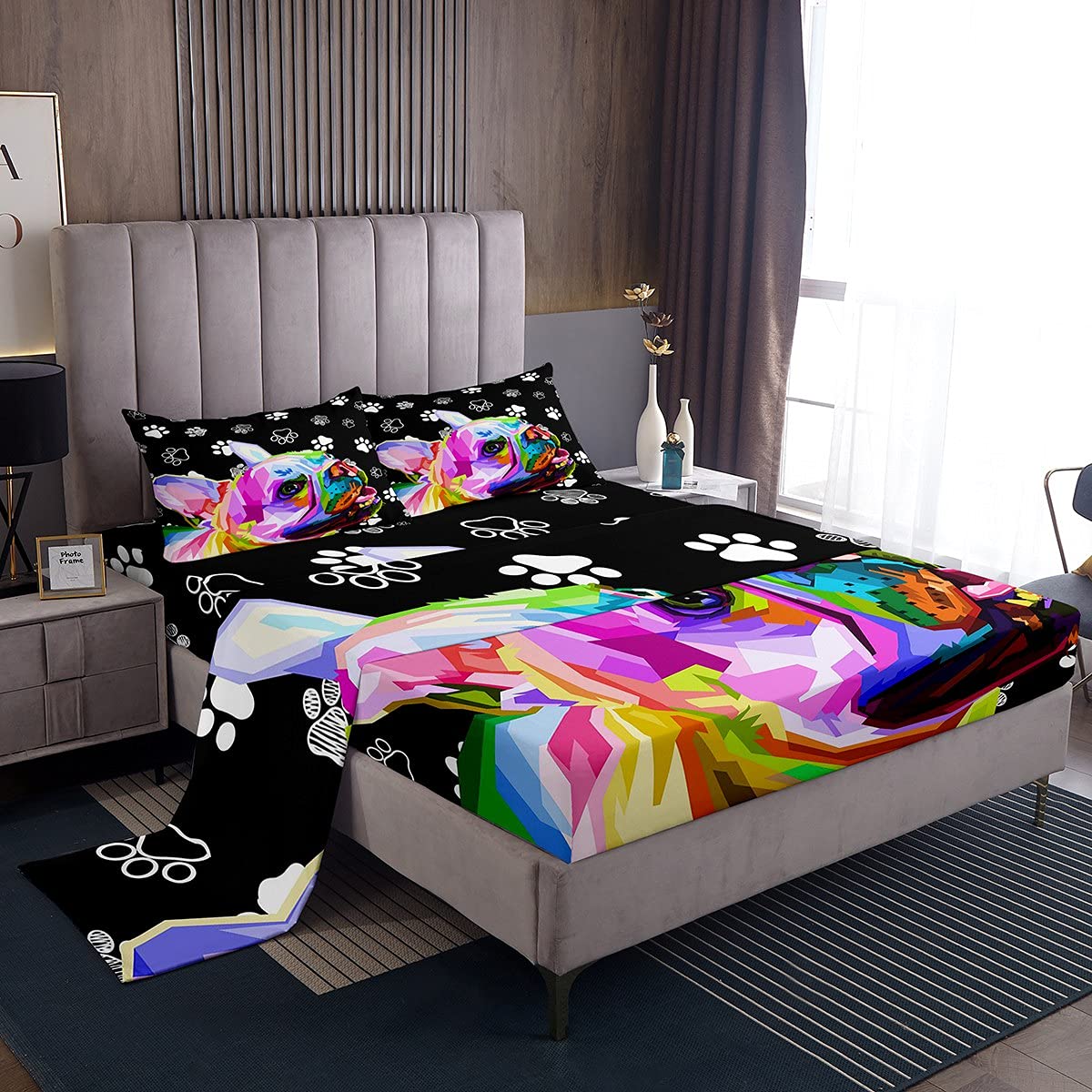 Manfei Colorful Dog Print Bedding Set - Full Size 4-Piece (Fitted Sheet, Flat Sheet, 2 Pillowcases) with Deep Pockets | Cartoon Animal Theme for Kids, Boys & Girls | Perfect for Kids' Bedrooms, Sleepovers & Themed Decor
