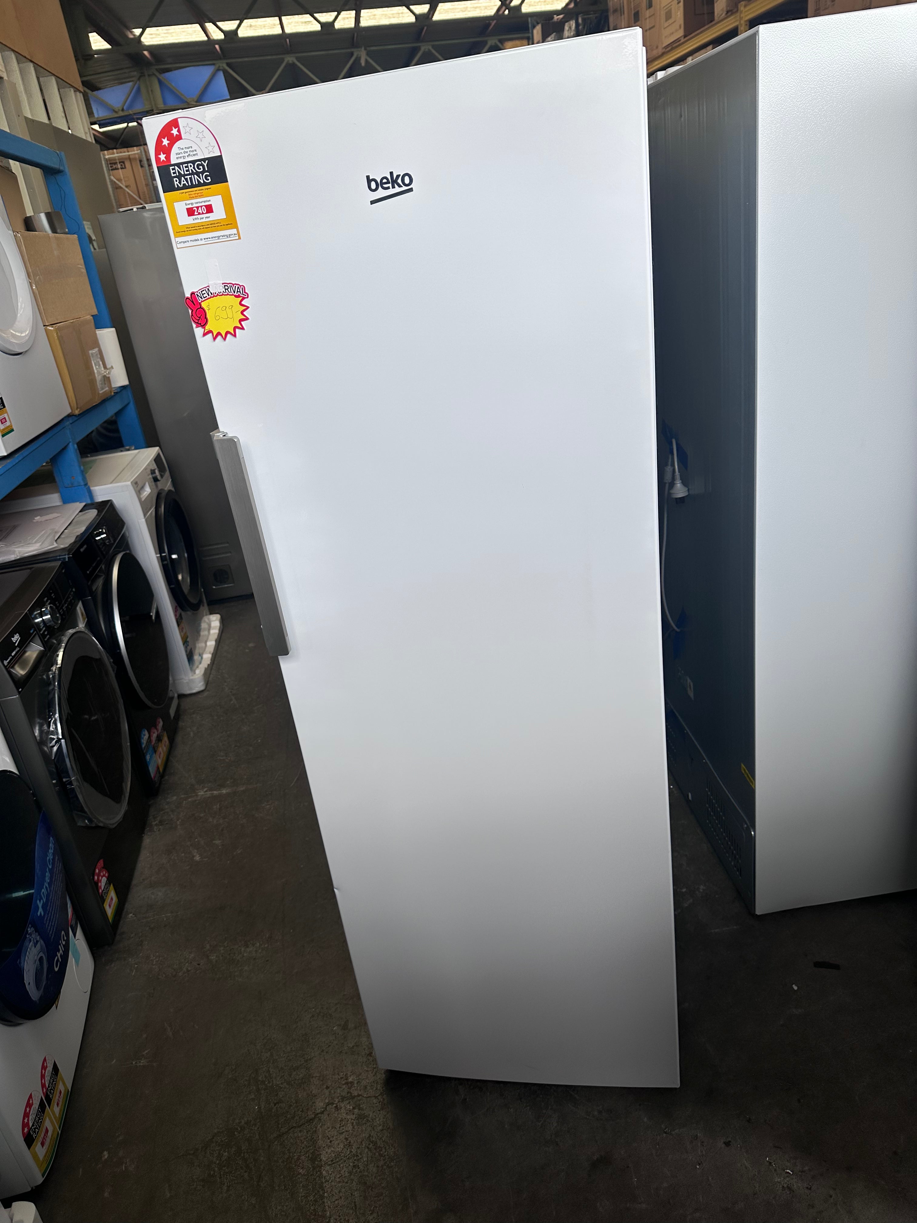 Beko 351L BAF369W Upright Refrigerator - Energy Efficient All Fridge with Spacious Storage [Factory Second] for Kitchen, Restaurant, or Office Use
