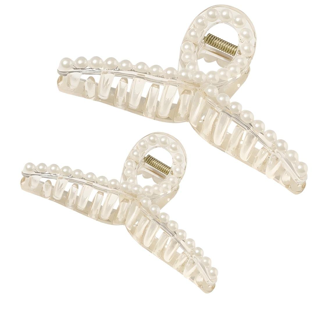 BellaStella Small Pearl Large Hair Claw Clip - Strong Hold Hair Clutcher for Women & Girls (2 Pack) - Perfect for Updos, Ponytails & Everyday Hairstyles
