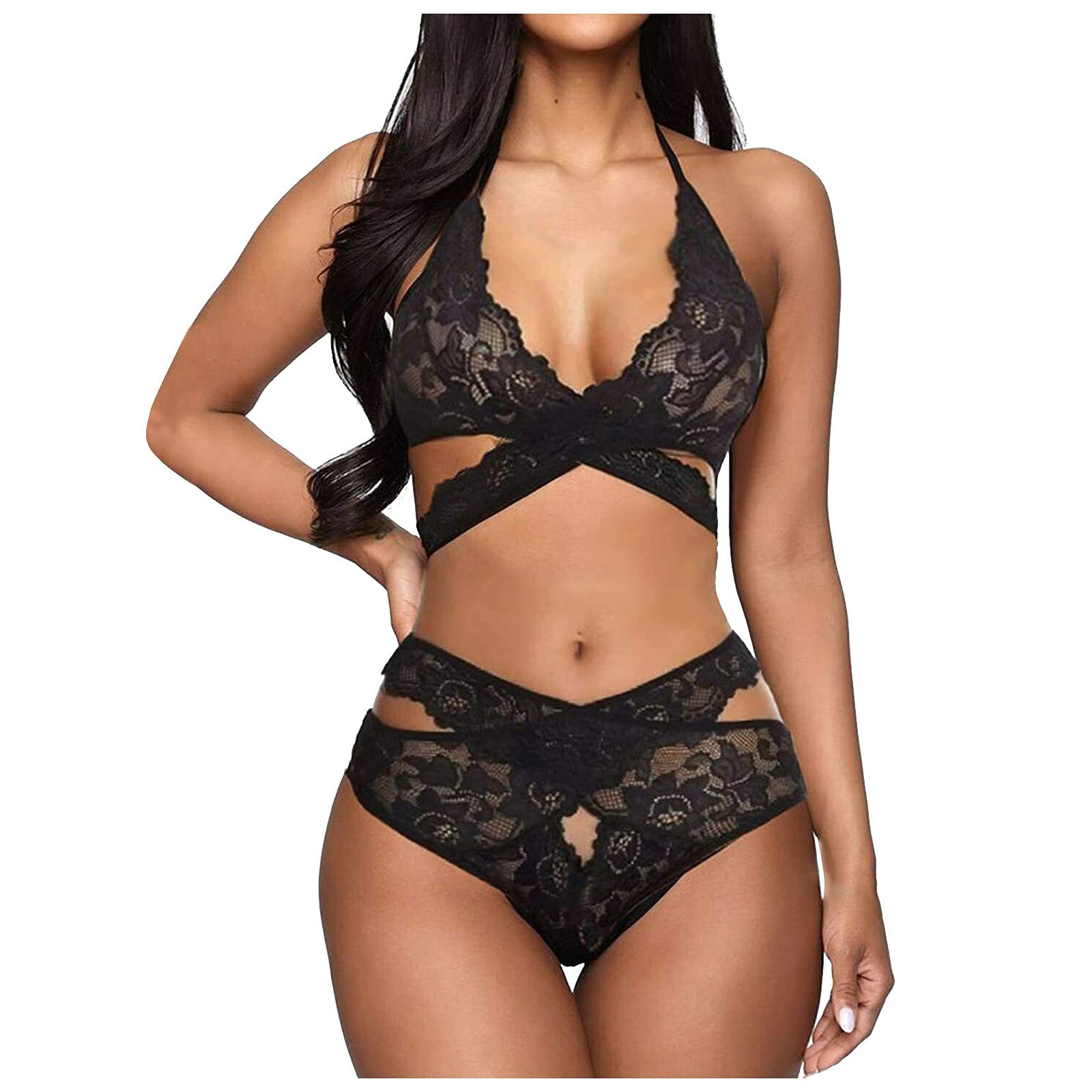 Sexy Lace Bra and Panty Set - 2 Piece Women's Lingerie with Strappy Babydoll Design, Cross Back Underwear & Bralette Bodysuit - Perfect for Valentine's Day, Date Night and Boudoir Photography