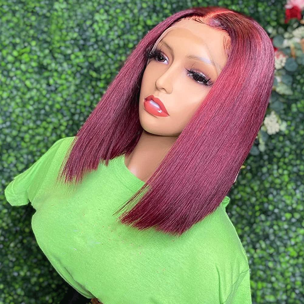 99J Burgundy Short Straight Bob Wig - 13x6 HD Transparent Lace Front Human Hair Wig with Baby Hair | Brazilian Virgin Hair | Pre-Plucked Hairline | 150% Density | 10 Inch | Perfect for Black Women | Great for Daily Wear, Cosplay & Special Occasions