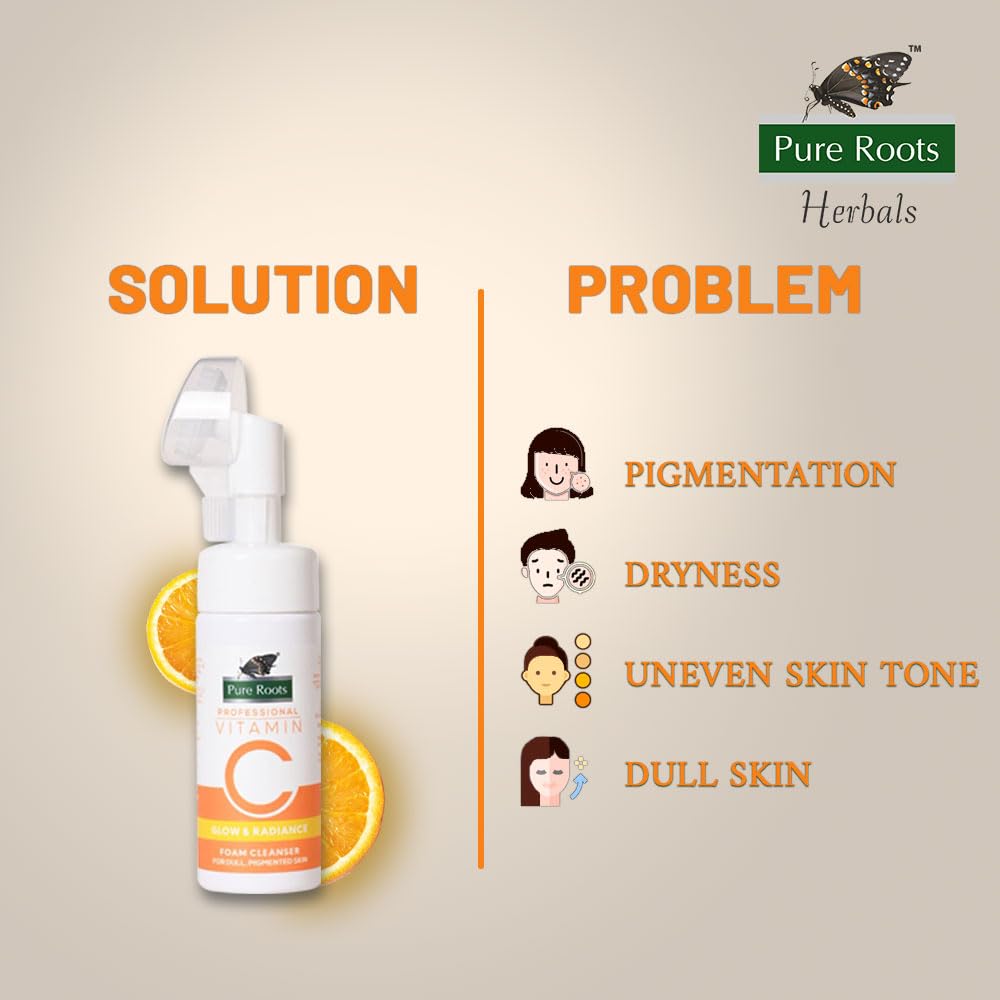Pure Roots Vitamin C Foam Cleanser with Silicone Brush for Men & Women | Paraben & Sulfate Free Face Wash | Deep Cleansing for Glowing Skin | 150ml | Perfect for Daily Skincare & Travel