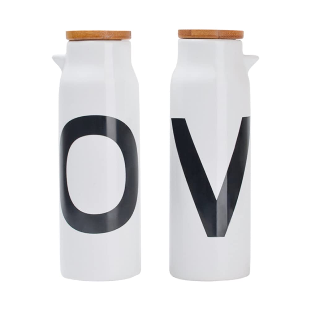 Hemoton 2-Pack Ceramic Oil Dispenser Bottles - Nordic Style Soy Sauce Vinegar Bottles with Handle for Kitchen - Perfect for Cooking, Salad Dressing & Baking (Ceramic Spice Containers)