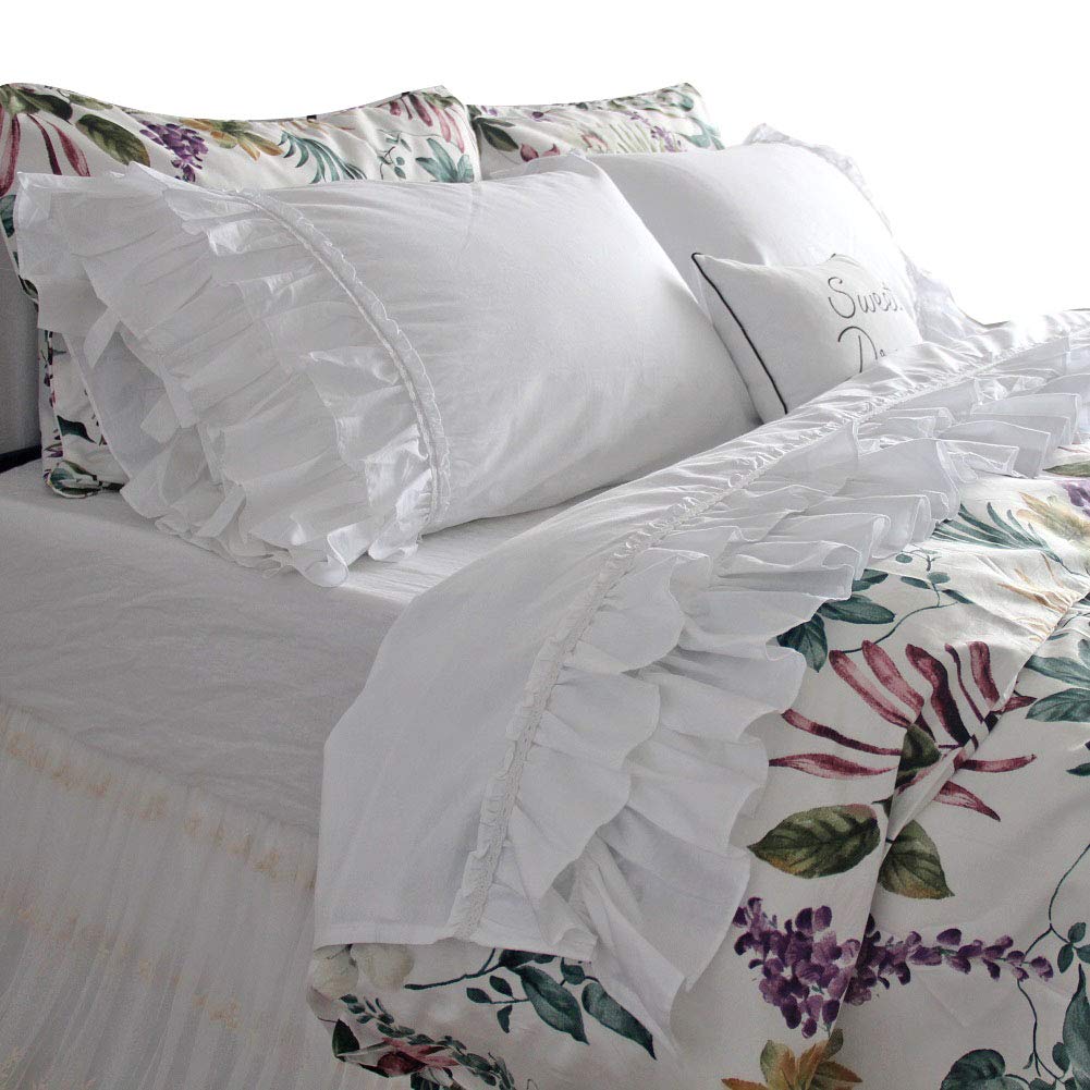 French Country White Ruffle Bed Sheets Set - Queen Size Deep Pocket - Soft Luxury Bedding for Master Bedroom & Guest Room Decor