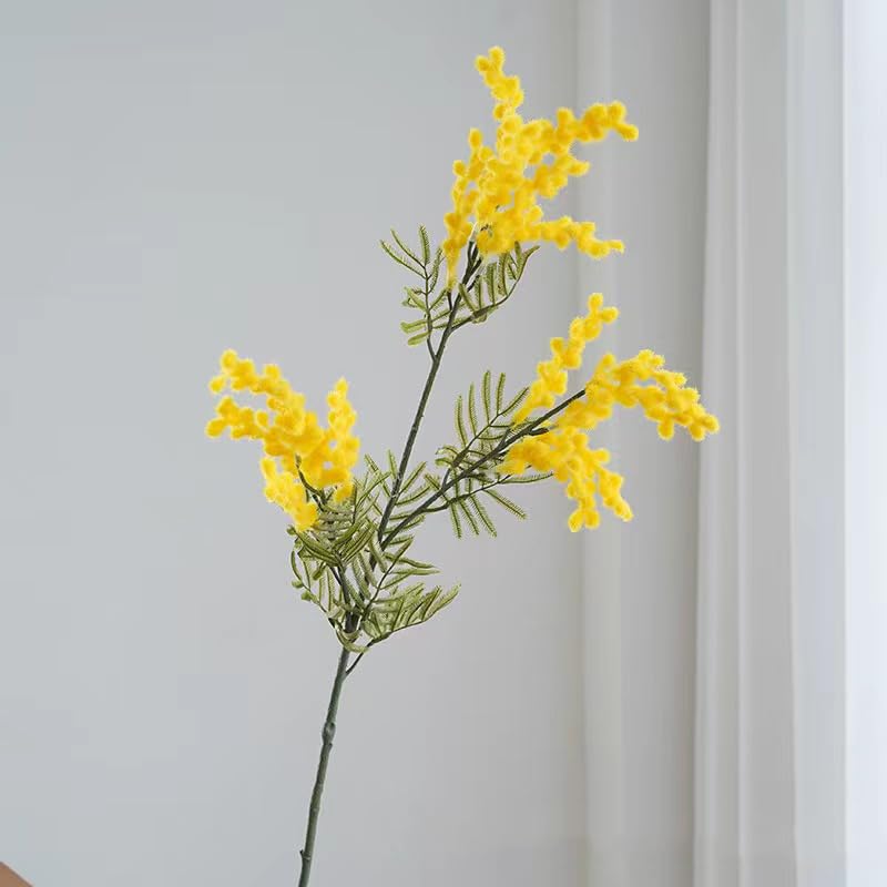 4pcs Mimosa Artificial Silk Flowers - Fake Plants Branches Spray Pudica Acacia Bouquet for Home Decor, Wedding Centerpieces & Fall Decoration (Yellow) - Perfect for Table Settings, Party Decor & Seasonal Displays