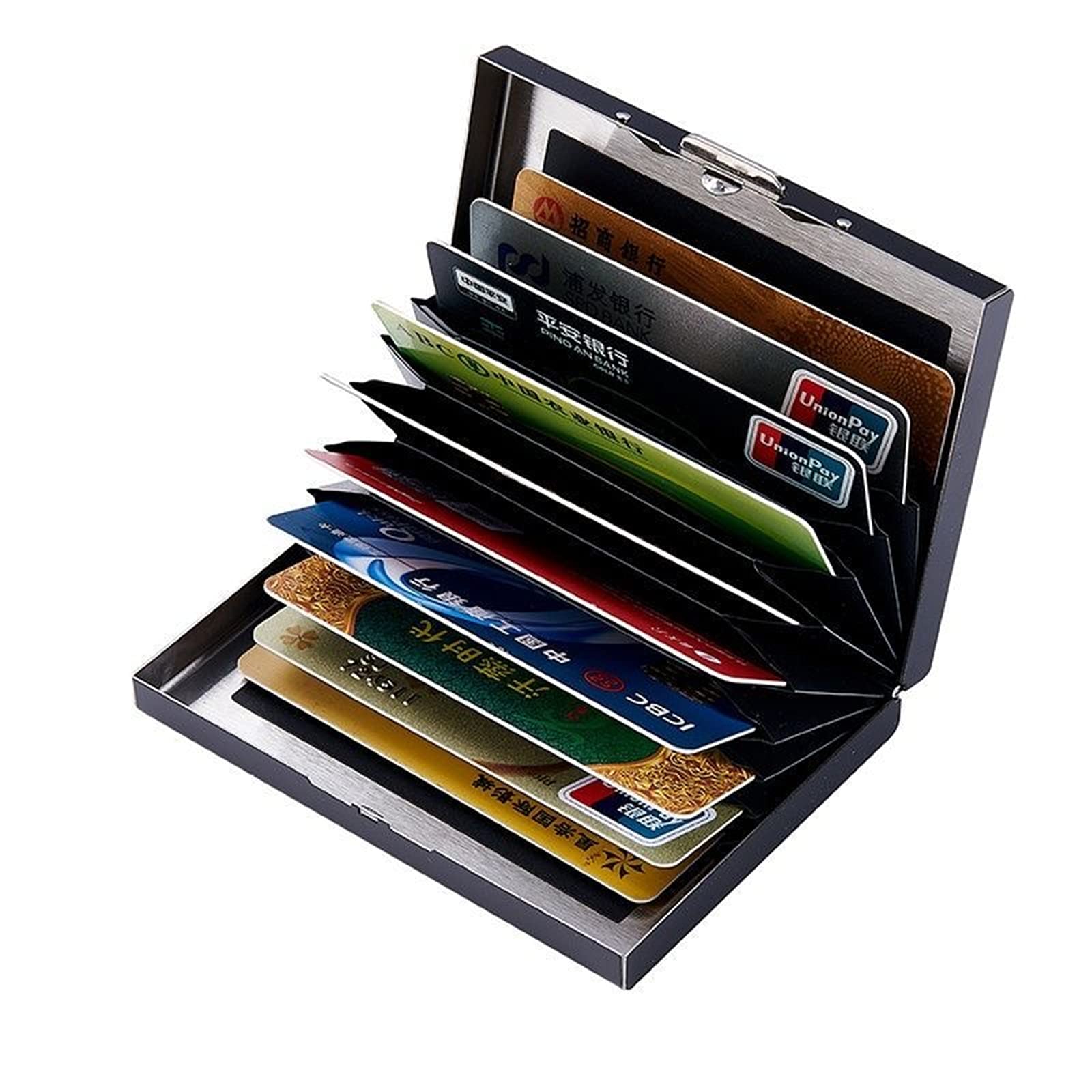 RFID Blocking Stainless Steel Credit Card Holder - Slim Metal Wallet for Men & Women - Secure Storage for Driver's License, ID Cards, Credit Cards & Business Cards (Black, 10 Grid) - Perfect for Travel, Daily Use & Contactless Protection