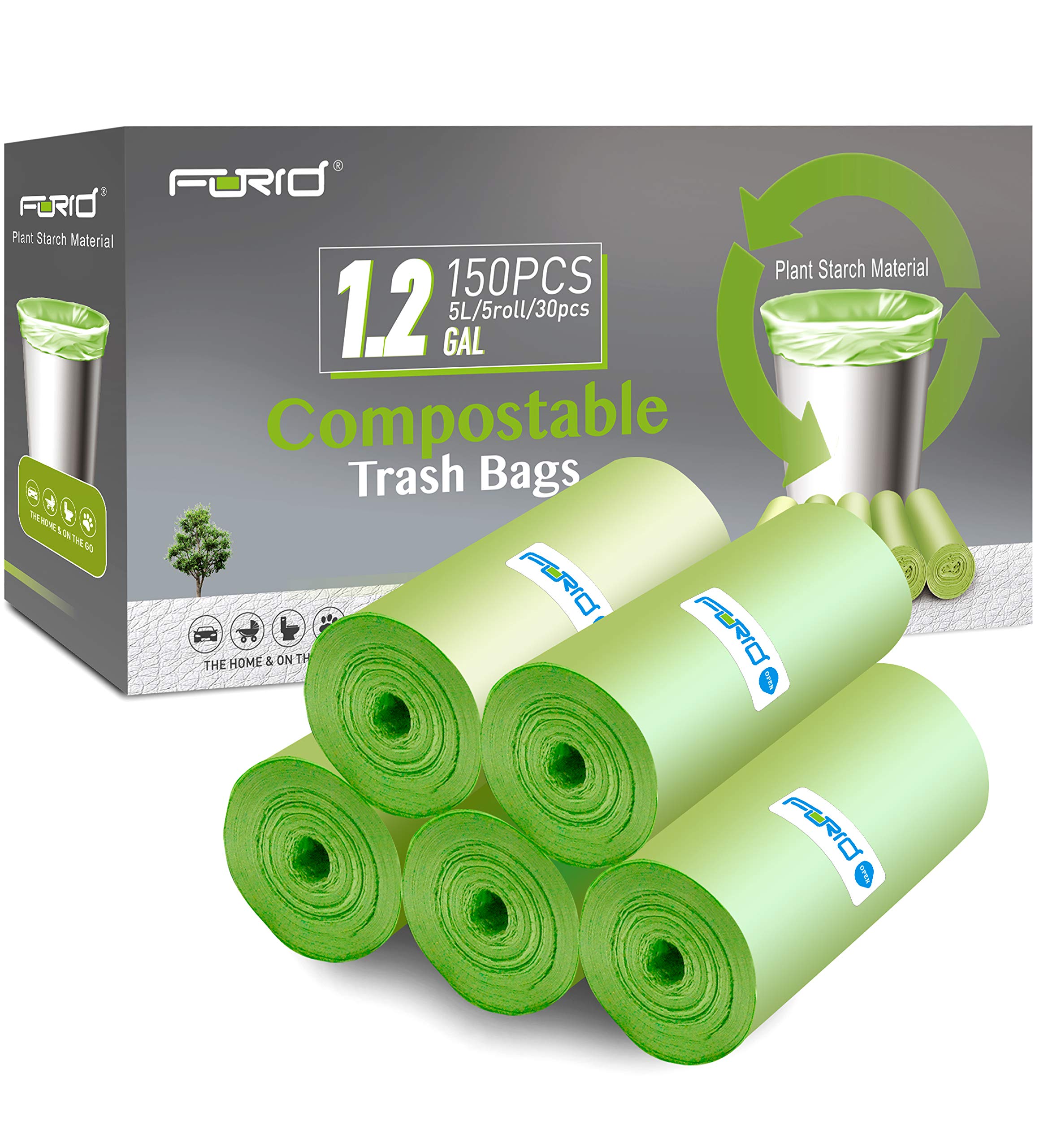 Eco-Friendly Compostable Trash Bags - FORID 1.2 Gallon (5 Liter) Small Kitchen Garbage Bags, 150 Count Strong Biodegradable Wastebasket Liners for Bathroom, Office & Home Use - Perfect for Countertop Bins & Mini Trash Cans (5 Rolls, Green)