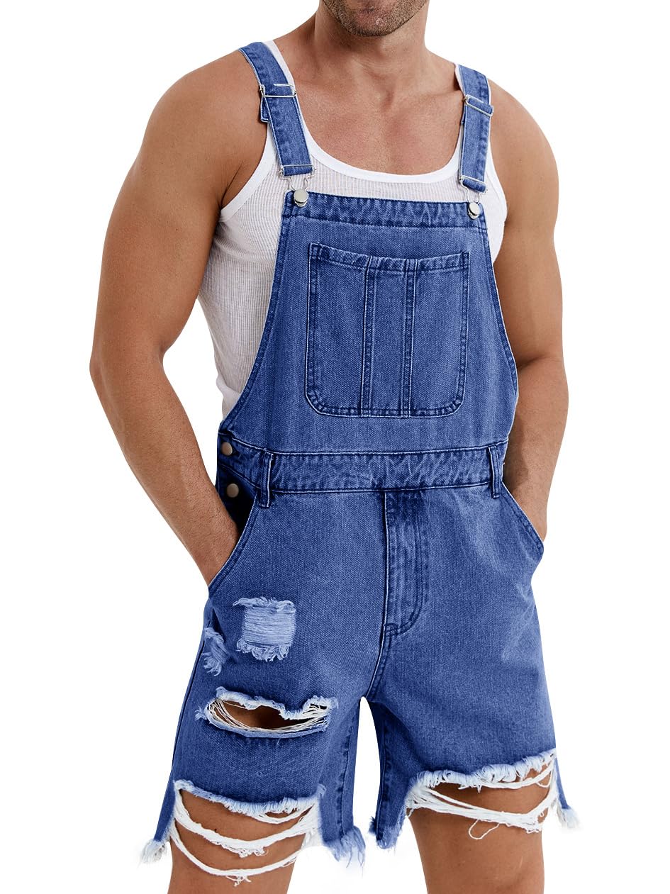 Runcati Men's Denim Shorts Bib Overalls - Loose Fit Jean Romper with Button Pockets | Casual Summer Jumpsuit for Outdoor Activities, BBQ Parties & Streetwear Fashion