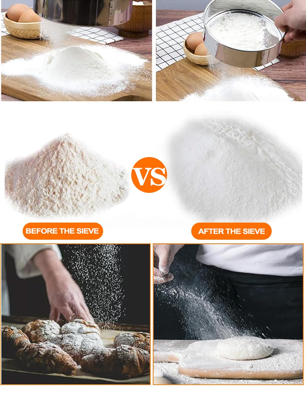 Premium 60 Mesh Stainless Steel Flour Sifter & Sieve for Baking - Fine Mesh Strainer for Cake, Bread, Pastry Dough with Dough Scraper - Ideal for Sifting Flour, Cocoa Powder, Sugar - Perfect for Home Bakers & Professional Kitchens - Easy to Clean & Durable