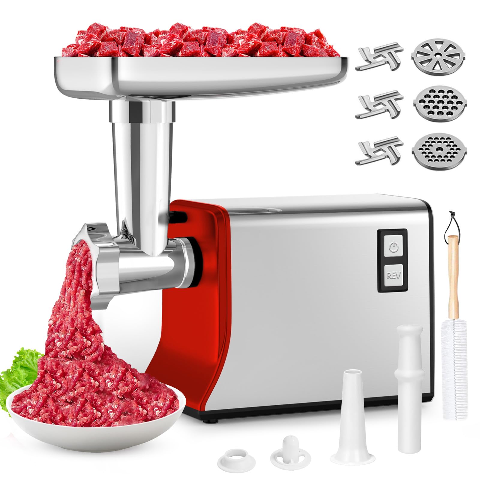 Powerful 3500W Electric Meat Grinder with 6 Stainless Steel Blades & Grinding Plates - Heavy Duty Sausage Stuffer & Kubbe Maker - Smart Thermal Protection for Home Kitchen & Commercial Use - Perfect for Grinding Beef, Pork, Sausage Making & Food Prep (Red)