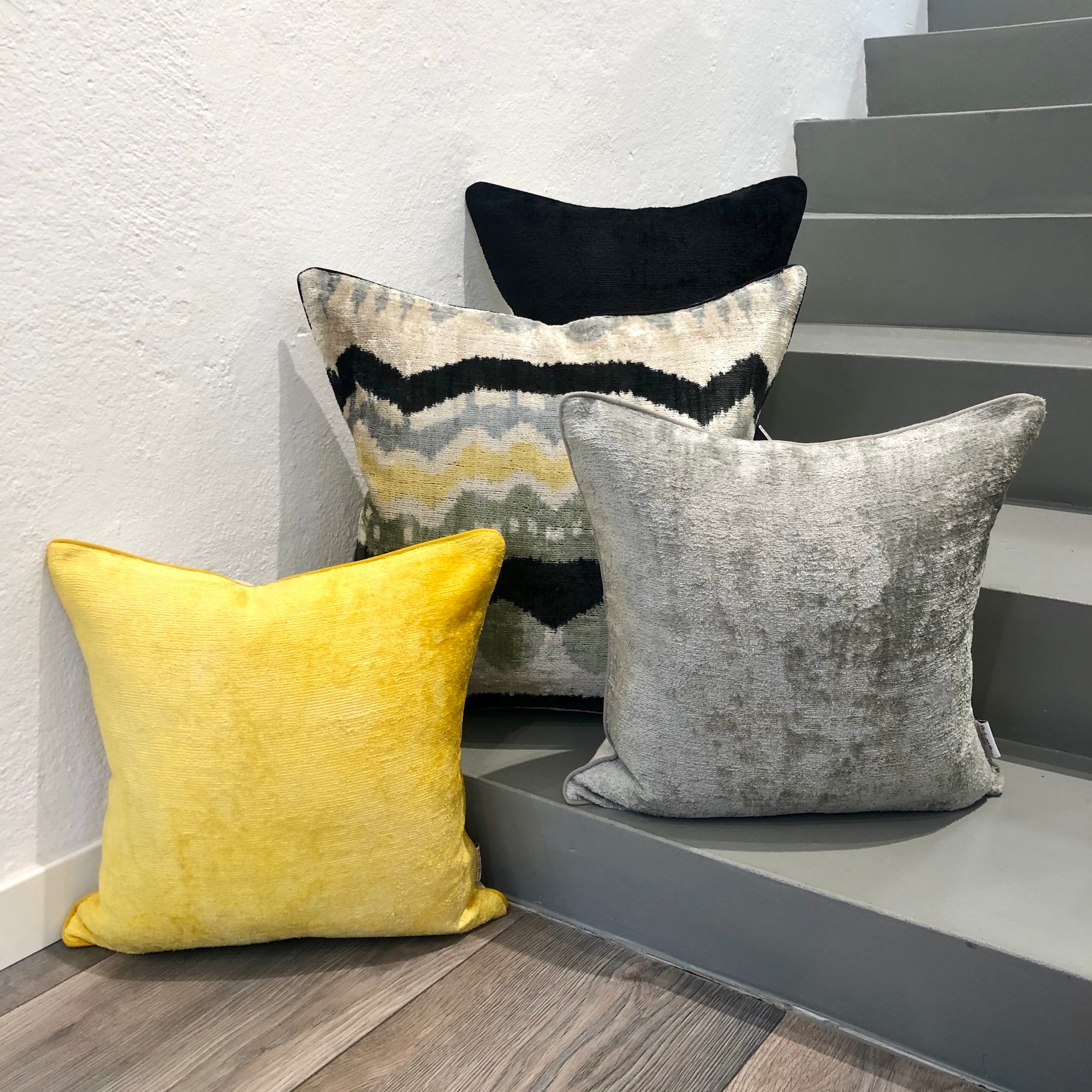 Luxury Velvet Ikat Cushion Cover with Wavy Horizon Design - Boho Chic Decorative Throw Pillow for Sofa, Bed & Home Decor
