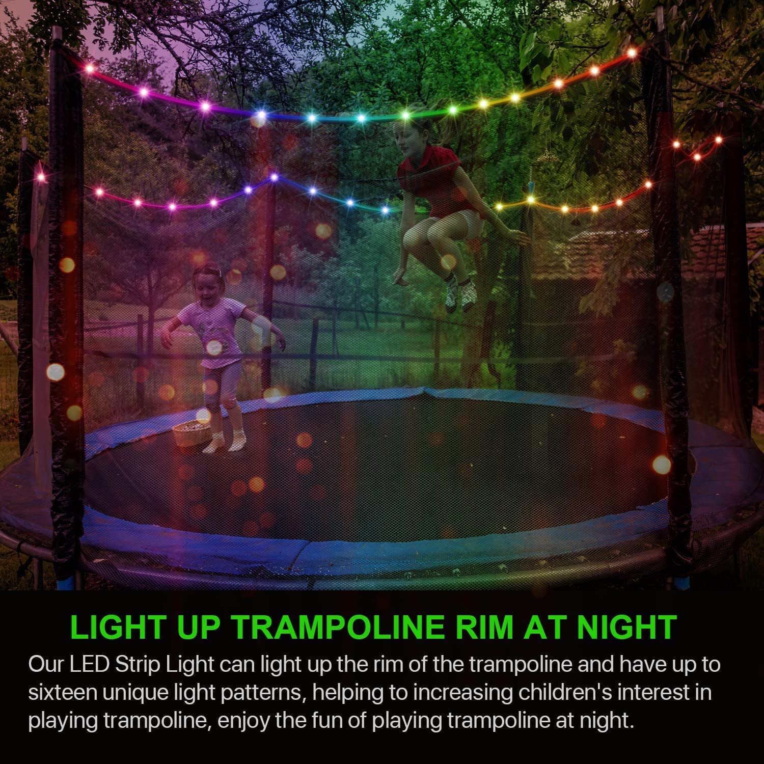 Upgraded APP & Remote Control LED Trampoline Lights - 16 Color Changing, Waterproof, Battery Powered for Outdoor Night Play | Perfect for Backyard Parties, Kids Playtime & Nighttime Trampoline Fun
