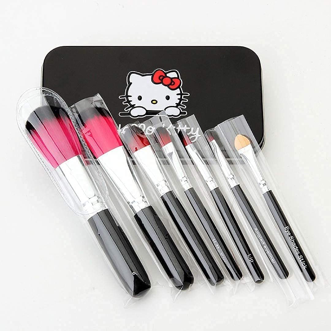 ZemGlam 7-Piece Hello Kitty Makeup Brush Set with Anti-Microbial Foam & Storage Case - Pink & Black | Professional Cosmetic Brushes for Foundation, Blush, Eyeshadow & More | Perfect Gift for Makeup Lovers & Beginners