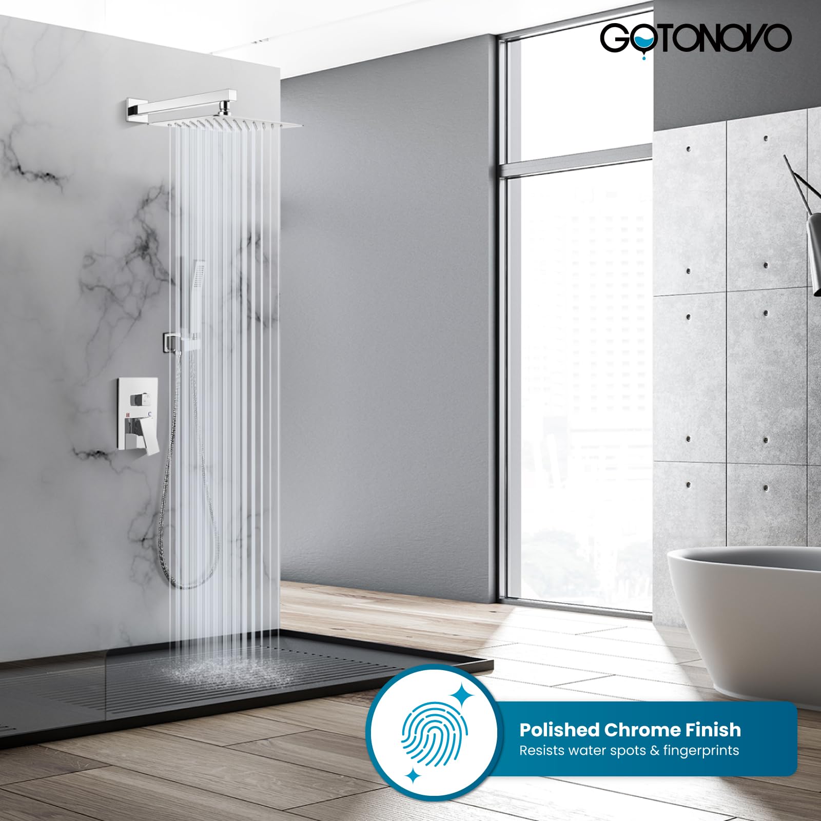 Gotonovo Rainfall Shower System - 10 Inch Wall Mounted Shower Head and Handle Combo with Solid Brass Pressure Balancing Mixer Valve in Polished Chrome - Perfect for Luxurious Spa-Like Bathroom Experience