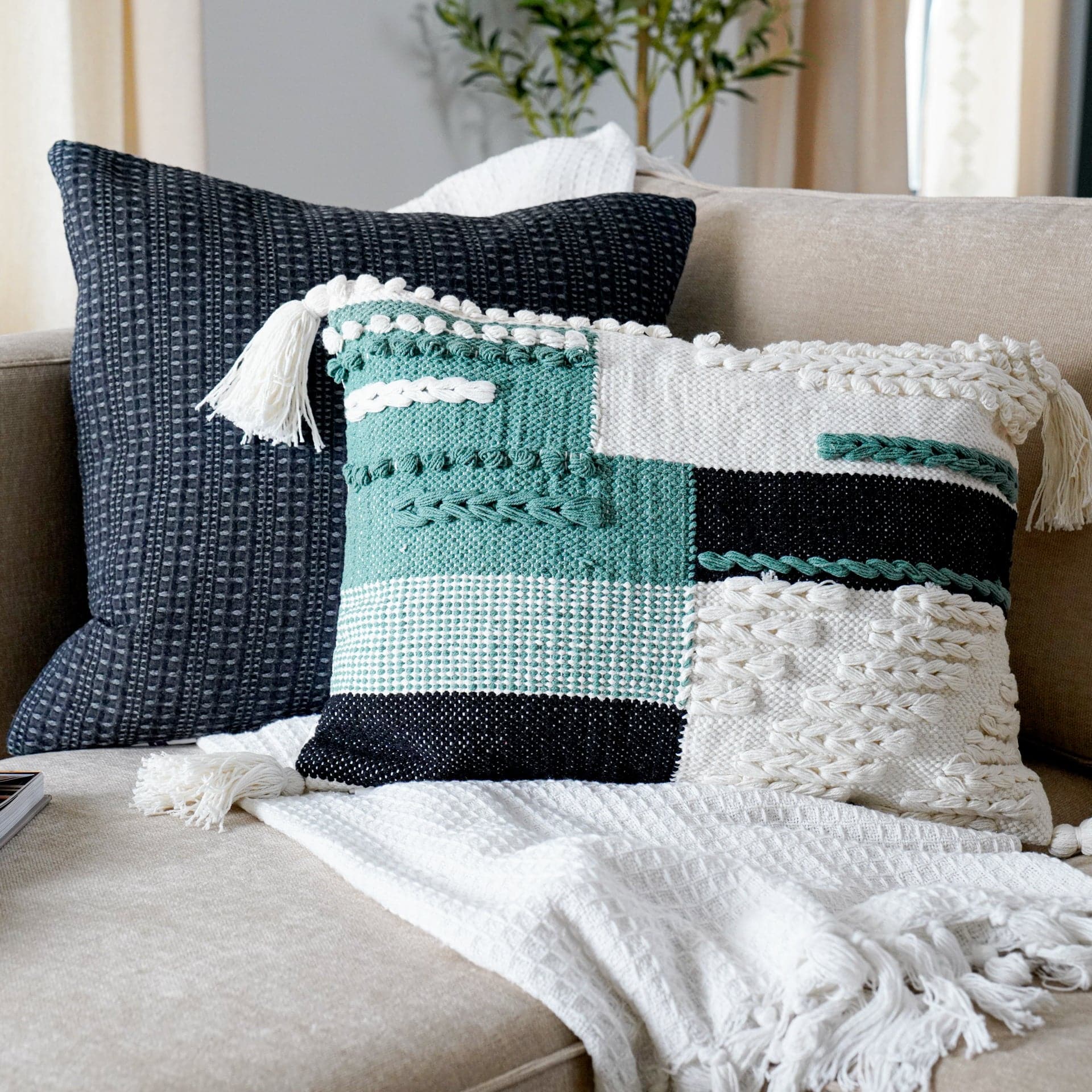 Naima Woven Decorative Throw Pillow Covers - Boho Chic Home Decor for Sofa, Bed & Couch - Soft Cotton Square Pillow Cases for Living Room, Bedroom & Nursery