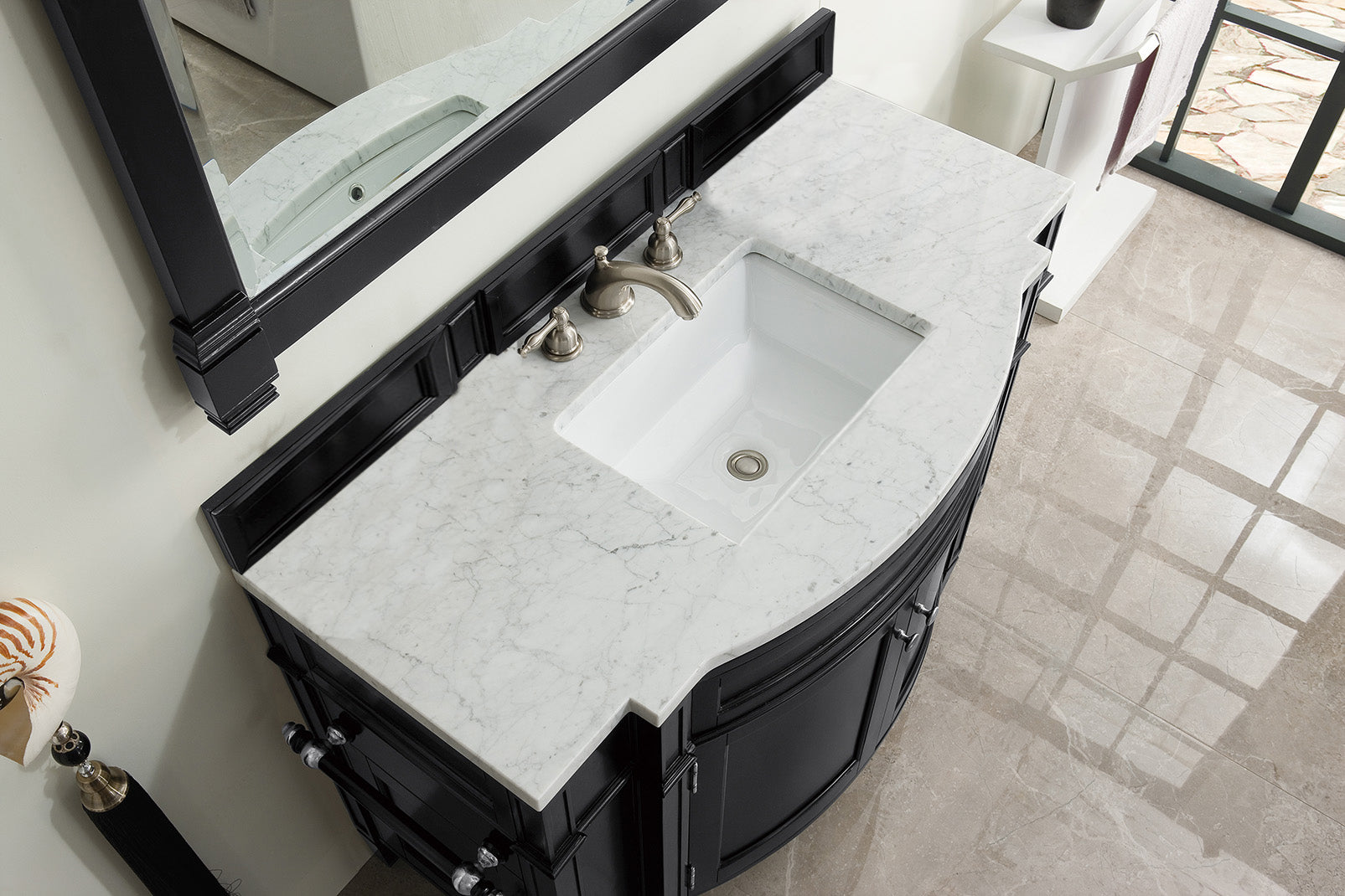 Brittany 46 Inch Single Bathroom Vanity with Black Onyx Base & 3CM Carrara Marble Top - Perfect for Modern Master Bathrooms and Powder Rooms