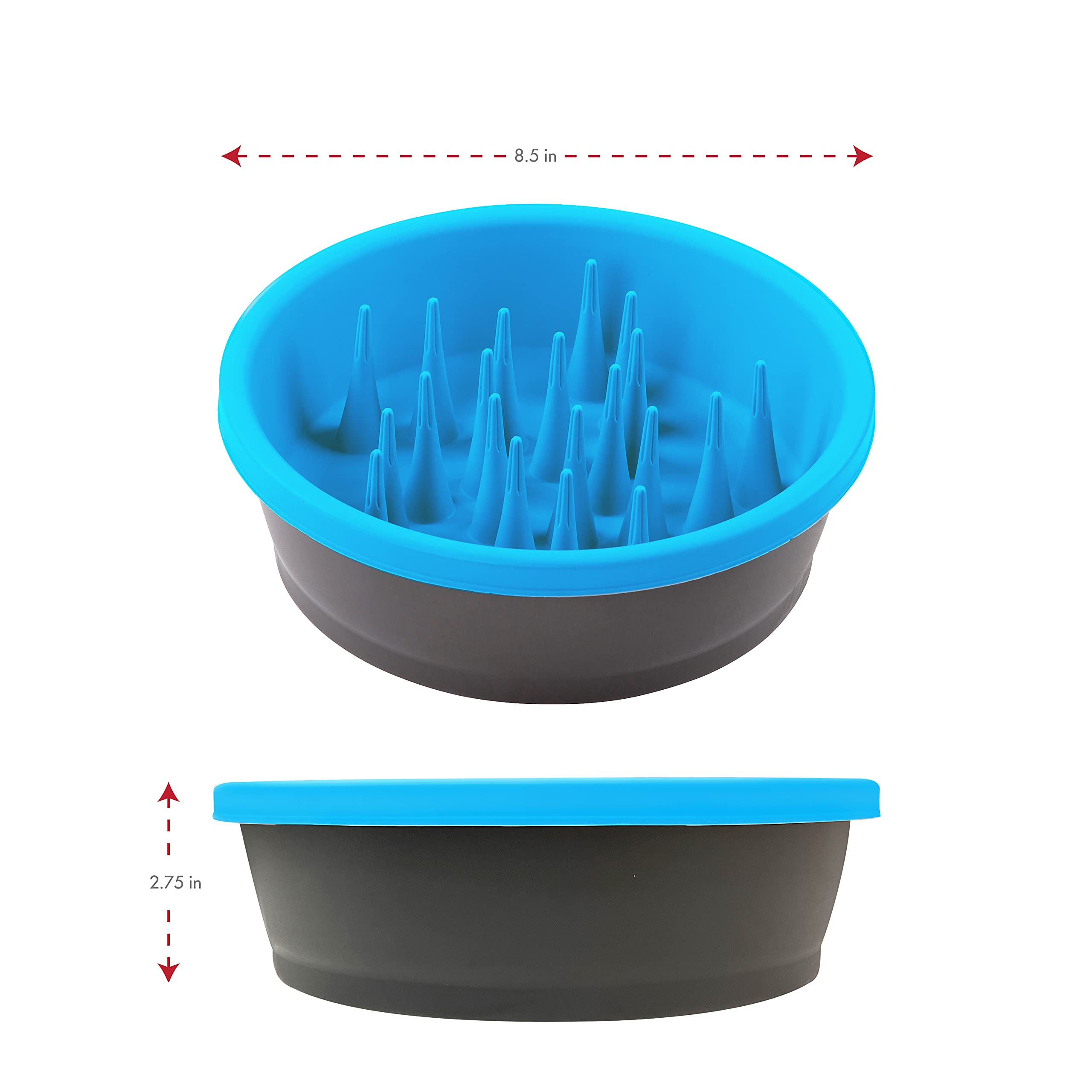 Dexas Slow Feeder Dog Bowl - 6 Cup Capacity for Healthy Digestion & Dental Care - Gray & Blue Pet Food Dish - Perfect for Fast Eaters & Mealtime Enrichment