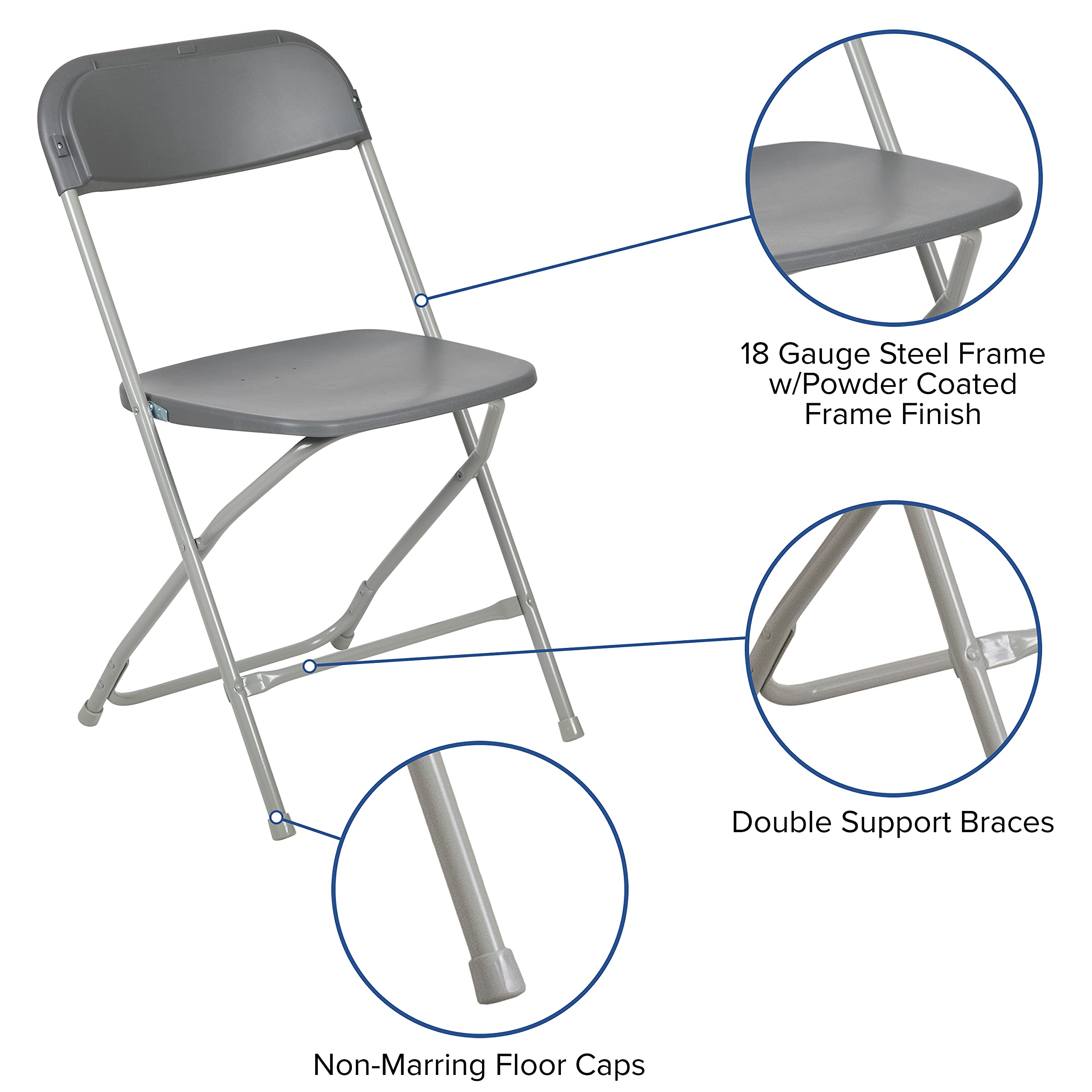 Heavy Duty Folding Chairs 4 Pack - 650LB Capacity Grey Plastic Event Chairs - Lightweight Portable Stackable Chairs for Outdoor Parties, Camping, Picnics & Home Use