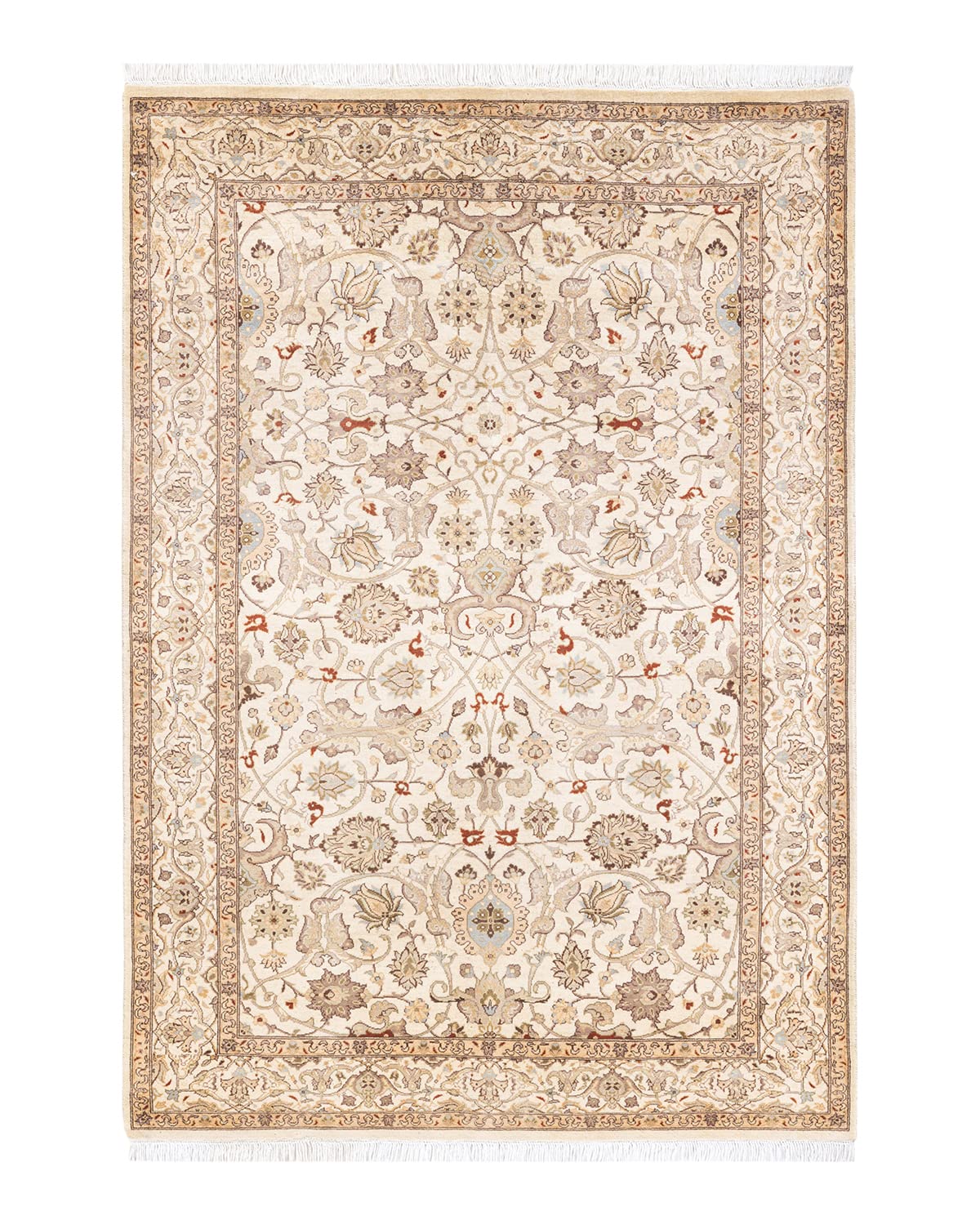 Handmade Wool Oriental Mogul Ivory 4x6 Area Rug - Solo Rugs One of a Kind Hand Knotted Traditional Design for Living Room, Bedroom & Home Decor