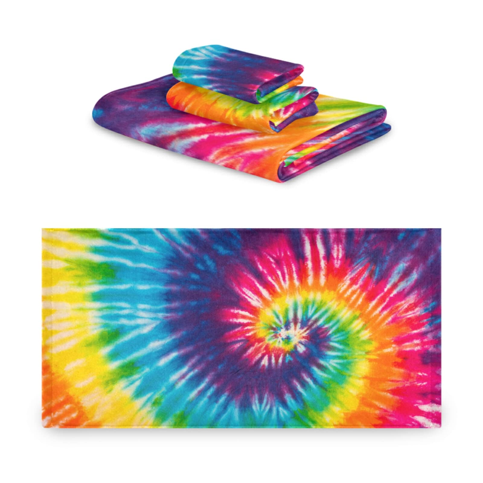 Pfrewn Tie Dye Bath Towel Set of 3 - Soft Absorbent Rainbow Hippie Towels for Bathroom, Hand & Washcloth - Boho Chic Abstract Swirl Design - Perfect for Guest Towels, Spa Days & Bohemian Home Decor