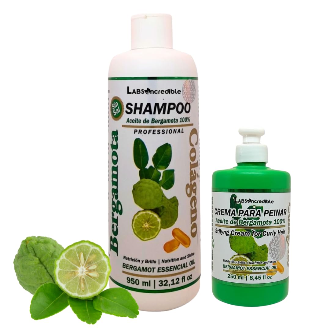 Bergamot Oil Shampoo & Styling Cream Set for Curly Hair - 100% Pure Bergamot Essential Oil with Collagen, Nourishing & Shine Boost - 950ml Shampoo + 250ml Cream - Hydrating Hair Care for Dry, Frizzy & Damaged Curls - Perfect for Daily Use & Salon-Quality Styling at Home