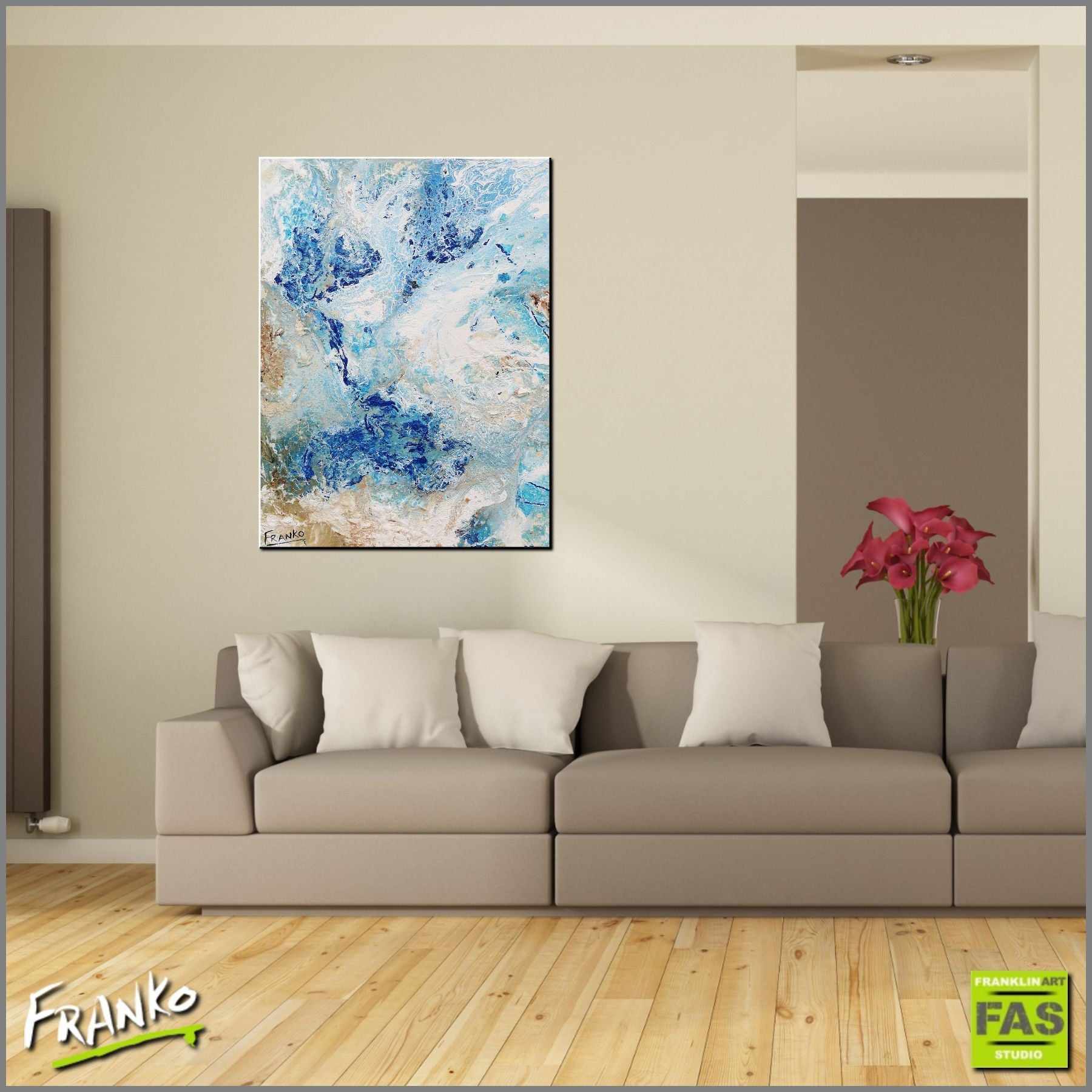 75cm x 100cm Coastal Abstract Painting - White & Blue Ocean Artwork - Perfect for Beach House Decor, Living Room Wall Art or Office Modern Design